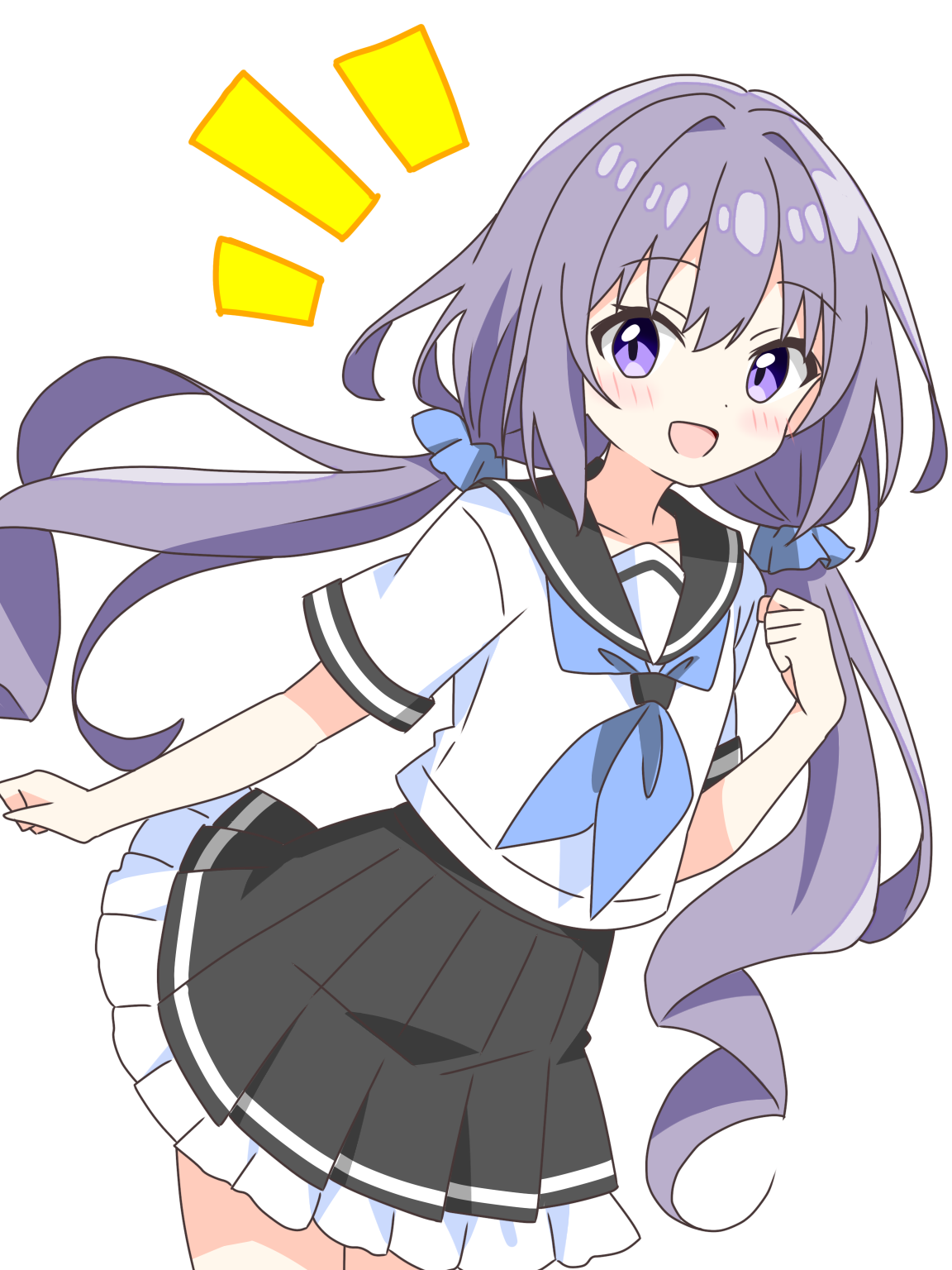 kotatsu-mazoku, original, commentary request, highres, 1girl, :d, black sailor collar, black skirt, blue neckerchief, blue ribbon, blush, cowboy shot, dot nose, frilled skirt, frills, hair ribbon, hand up, long hair, looking at viewer, low twintailed girl (kotatsu-mazoku), low twintails, neckerchief, notice lines, open mouth, pleated skirt, purple eyes, purple hair, ribbon, sailor collar, school uniform, serafuku, shirt, short sleeves, simple background, skirt, smile, solo, twintails, white background, white shirt