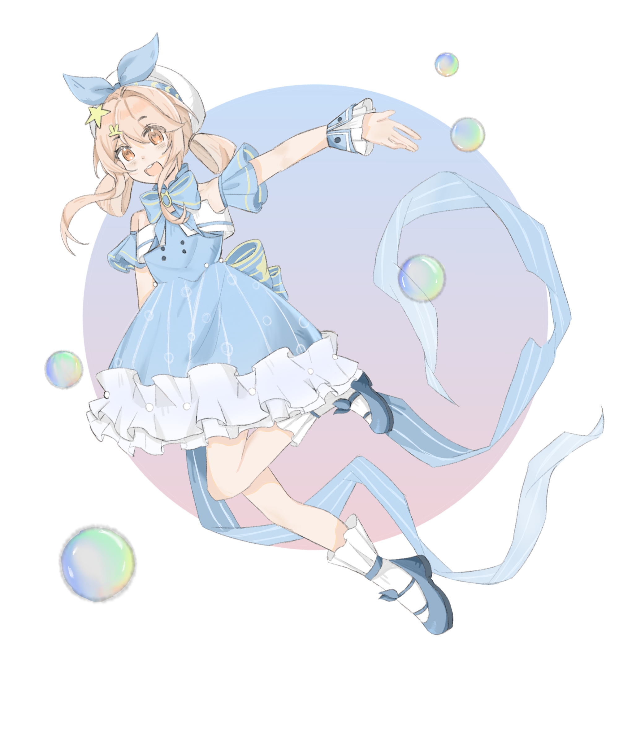 bubbly voyage (infinity nikki), infinity nikki, nikki (series), absurdres, highres, 1girl, back bow, beads, beret, bingkongzhihua, blonde hair, blue bow, blue bowtie, blue brooch, blue choker, blue dress, blue shoes, blue wrist cuffs, bow, bowtie, brooch, brown eyes, bubble, buttons, choker, circle, collared dress, dot nose, dress, eyelashes, eyes visible through hair, floating, footwear bow, frilled choker, frilled dress, frilled socks, frilled wrist cuffs, frills, full body, hair ornament, hair rings, hairclip, happy, hat, hat bow, jewelry, leg up, mary janes, open mouth, outstretched arm, rabbit hair ornament, shoes, short dress, short hair with long locks, smile, socks, solo, star (symbol), star hair ornament, strapless, strapless dress, striped bow, striped clothes, striped dress, tareme, teeth, upper teeth only, vertical-striped clothes, vertical-striped dress, white background, white hat, white socks, wrist cuffs