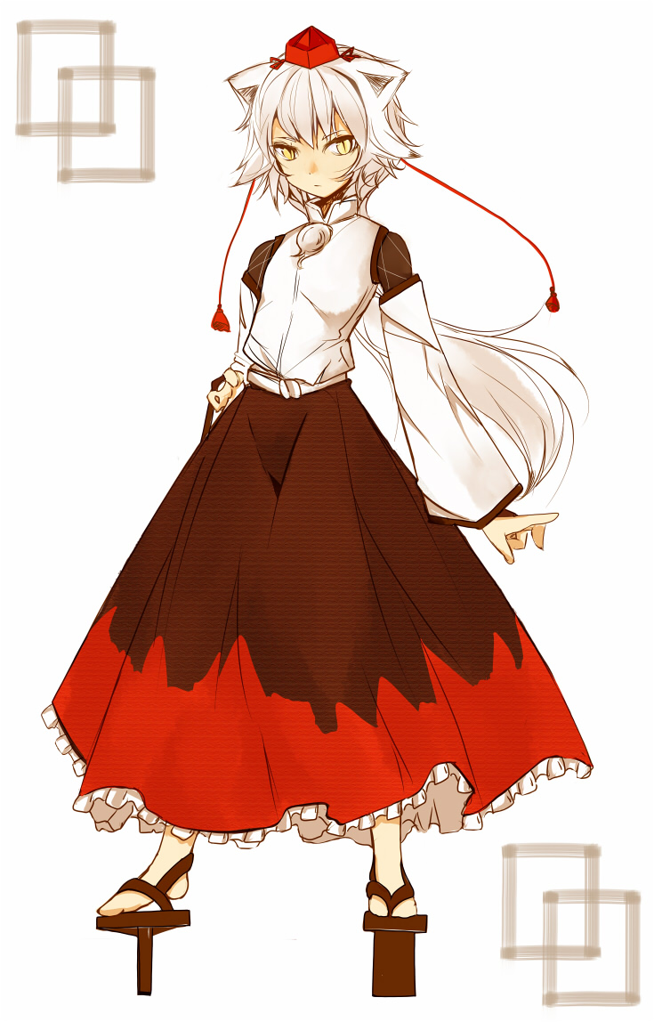 takaharu, inubashiri momiji, touhou, silver hair, 1girl, animal ears, female focus, geta, hat, long skirt, short hair, skirt, solo, tail, tengu-geta, tokin hat, wolf ears, wolf tail