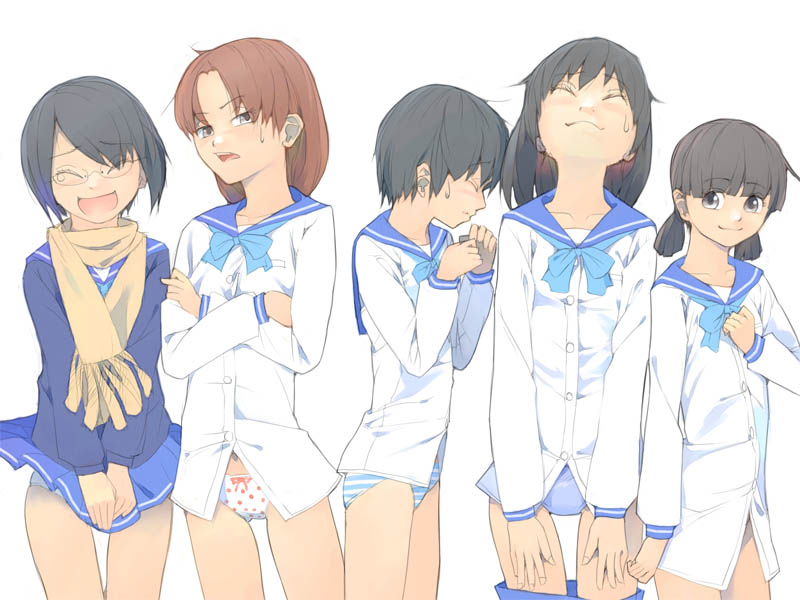 akinbo (hyouka fuyou), original, bad id, bad pixiv id, 5girls, bottomless, clothes lift, glasses, multiple girls, no pants, panties, school uniform, serafuku, skirt, skirt lift, striped clothes, striped panties, underwear