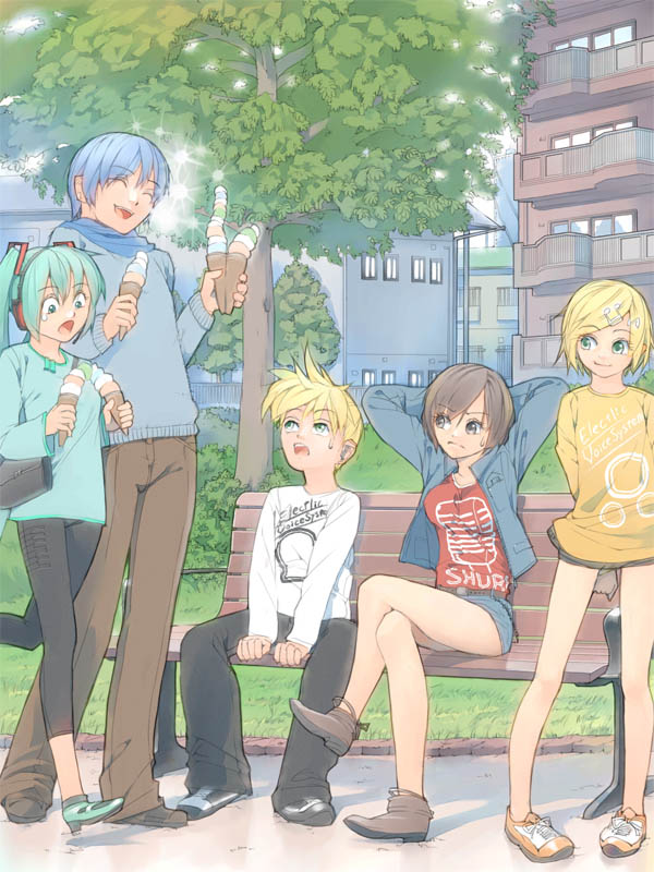 akinbo (hyouka fuyou), hatsune miku, kagamine len, kagamine rin, kaito (vocaloid), meiko (vocaloid), vocaloid, bad id, bad pixiv id, 2boys, 3girls, apartment, aqua eyes, arms behind back, bench, between legs, blonde hair, blue eyes, blue hair, boots, brother and sister, building, casual, crossed legs, day, everyone, food, frown, green eyes, grey eyes, hand between legs, ice cream, jacket, leggings, multiple boys, multiple girls, no socks, open mouth, outdoors, park, pigeon-toed, scared, scarf, shoes, short shorts, shorts, siblings, sidewalk, sitting, smile, sneakers, surprised, sweatdrop, sweater, tree, twins, walking