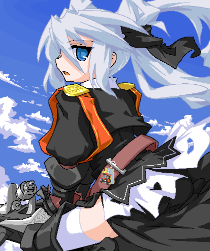 mof, mof's silver haired twintailed girl, original, silver hair, lowres, 1girl, armor, belt, blue eyes, boots, bow, charm (object), female focus, gauntlets, hair bow, long hair, oekaki, outdoors, sitting, sky, solo, thighhighs, twintails, very long hair