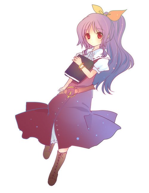 torii sumi, watatsuki no yorihime, silent sinner in blue, touhou, touhou bougetsushou, 1girl, belt, book, boots, bow, bracelet, female focus, hair bow, high ponytail, jewelry, long hair, ponytail, purple hair, red eyes, solo