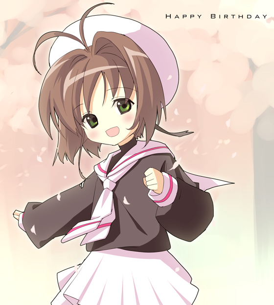 tsukigami runa, kinomoto sakura, cardcaptor sakura, 1990s (style), 1girl, antenna hair, child, female focus, hat, retro artstyle, sailor hat, school uniform, serafuku, solo, tomoeda middle school uniform, white hat