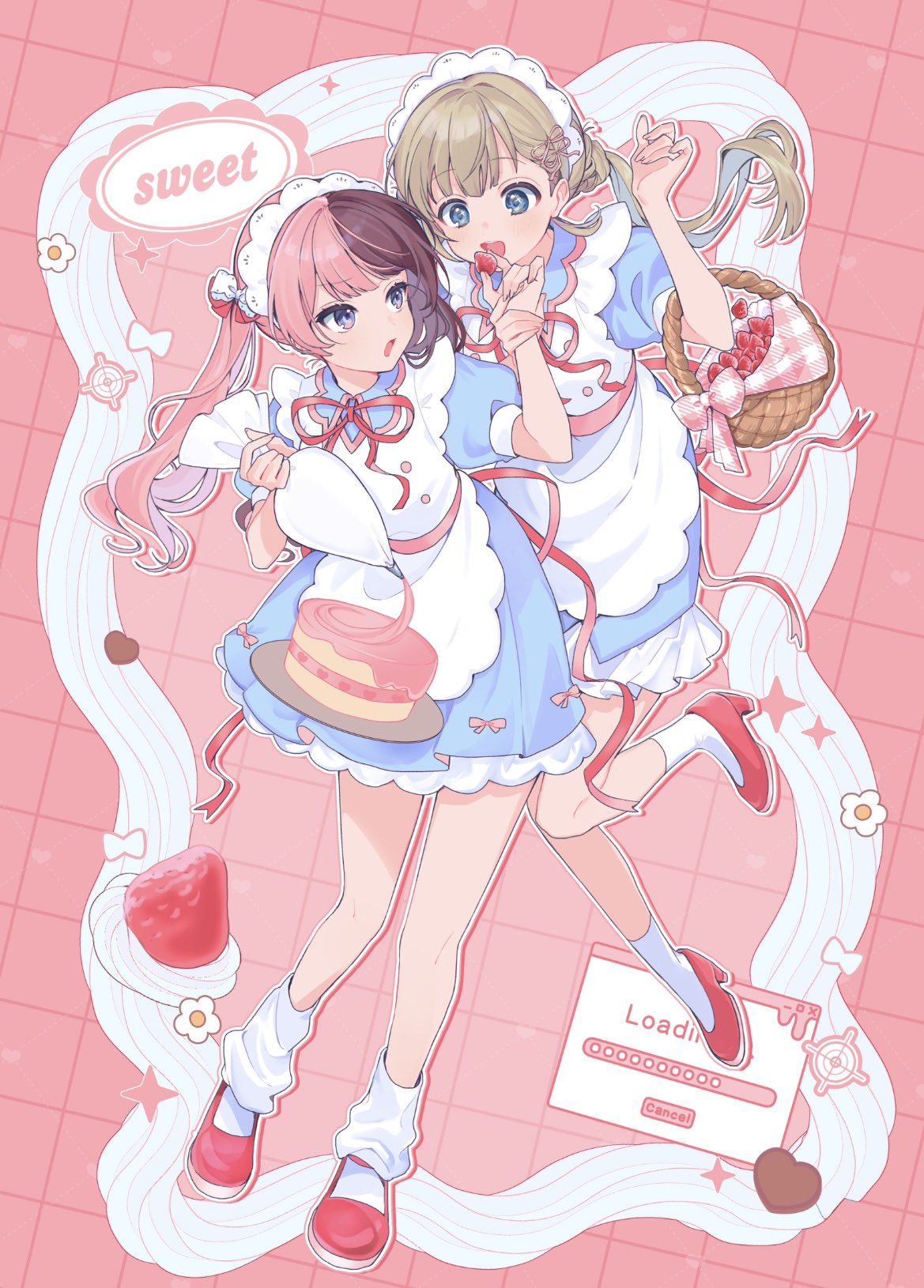 odo ruika, hanabusa lisa, tachibana hinano, cattleya regina games, iris black games, vspo!, commentary request, highres, 2girls, alternate costume, alternate hairstyle, annoyed, apron, bare legs, basket, blue dress, blue eyes, blue hair, blush, bow, bowtie, brown hair, cake, candy, chocolate, chocolate heart, collared dress, colored inner hair, decorating baked goods, dress, elbow carry, floating, floating hair, food, fruit, full body, gingham, grid background, hair bow, hair bun, hands up, heart, heart-shaped food, high heels, holding, holding another's wrist, holding food, holding fruit, holding pastry bag, icing, layer cake, leaning forward, leg up, long hair, looking at another, looking at food, loose socks, matching outfits, multicolored eyes, multicolored hair, multiple girls, open mouth, pastry bag, petticoat, pink background, pink bow, pink eyes, pink hair, puffy short sleeves, puffy sleeves, purple eyes, raised eyebrows, red bow, red bowtie, red ribbon, red shoes, ribbon, shoes, short dress, short sleeves, sideways glance, socks, split-color hair, standing, star (symbol), star in eye, strawberry, symbol in eye, tray, turning head, twintails, two-tone hair, v-shaped eyebrows, virtual youtuber, white apron, white bow, white headdress, white socks, window (computing)