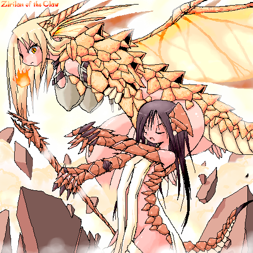asterisk storage, yone88, yonezuka ryou, zirilan of the claw, magic: the gathering, lowres, 2girls, black hair, blonde hair, bottomless, breasts, character name, closed eyes, covered erect nipples, dragon girl, dragon wings, fire, flat chest, hanging breasts, horns, large breasts, long hair, monster girl, multiple girls, oekaki, orange eyes, personification, staff, tail, wings, yellow eyes