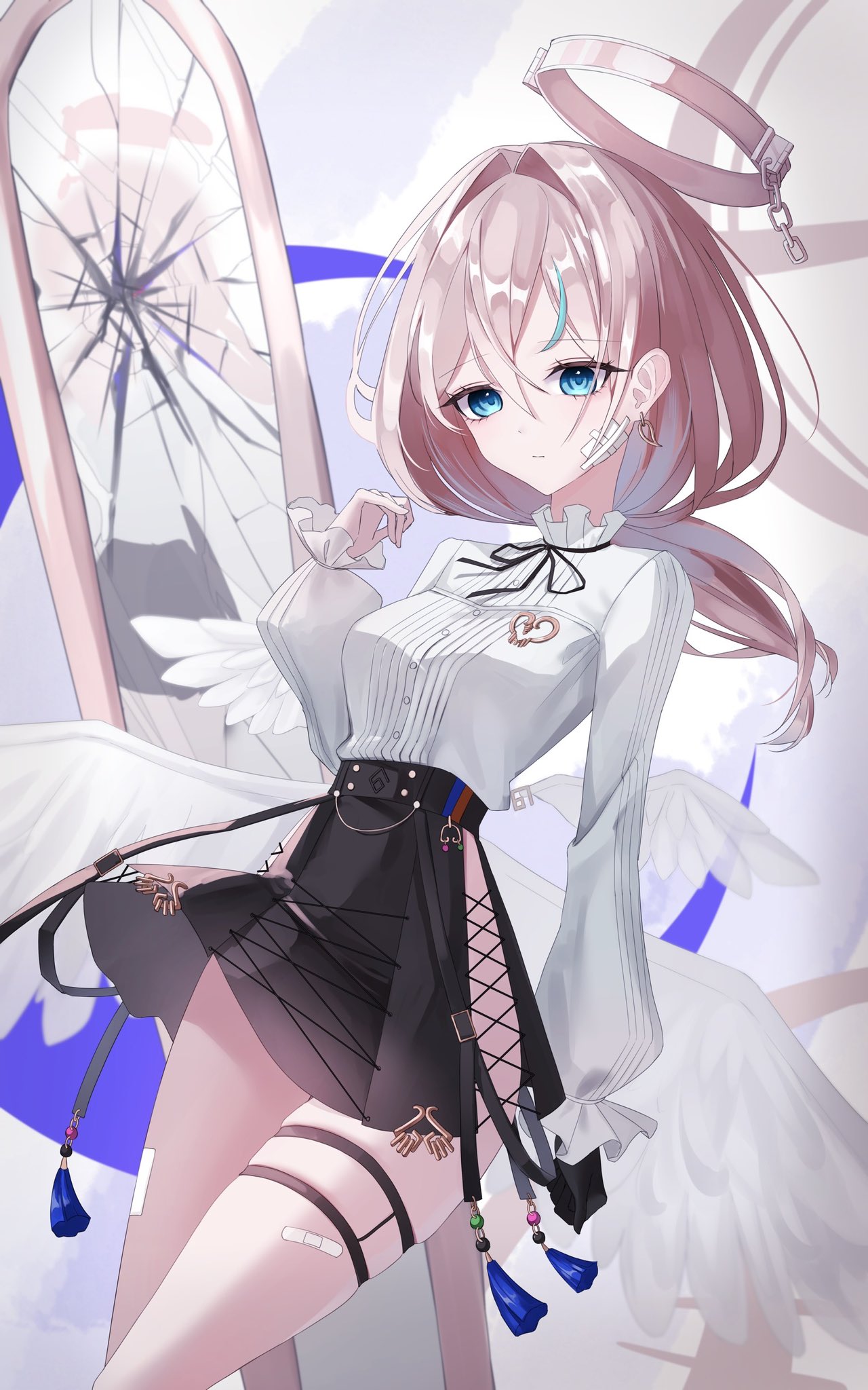 arcaea, highres, 00 zer0, 1girl, angel wings, ass cutout, bandage on face, bandages, bandaid, bandaid on face, belt, black belt, black gloves, black ribbon, black skirt, blue eyes, blue hair, breasts, broken mirror, closed mouth, clothing cutout, compassion (arcaea), cross, detached wings, gloves, grey hair, jewelry, long sleeves, medium breasts, mirror, multicolored hair, ribbon, shirt, short hair, single glove, skirt, solo, streaked hair, thigh strap, white shirt, white wings, wings