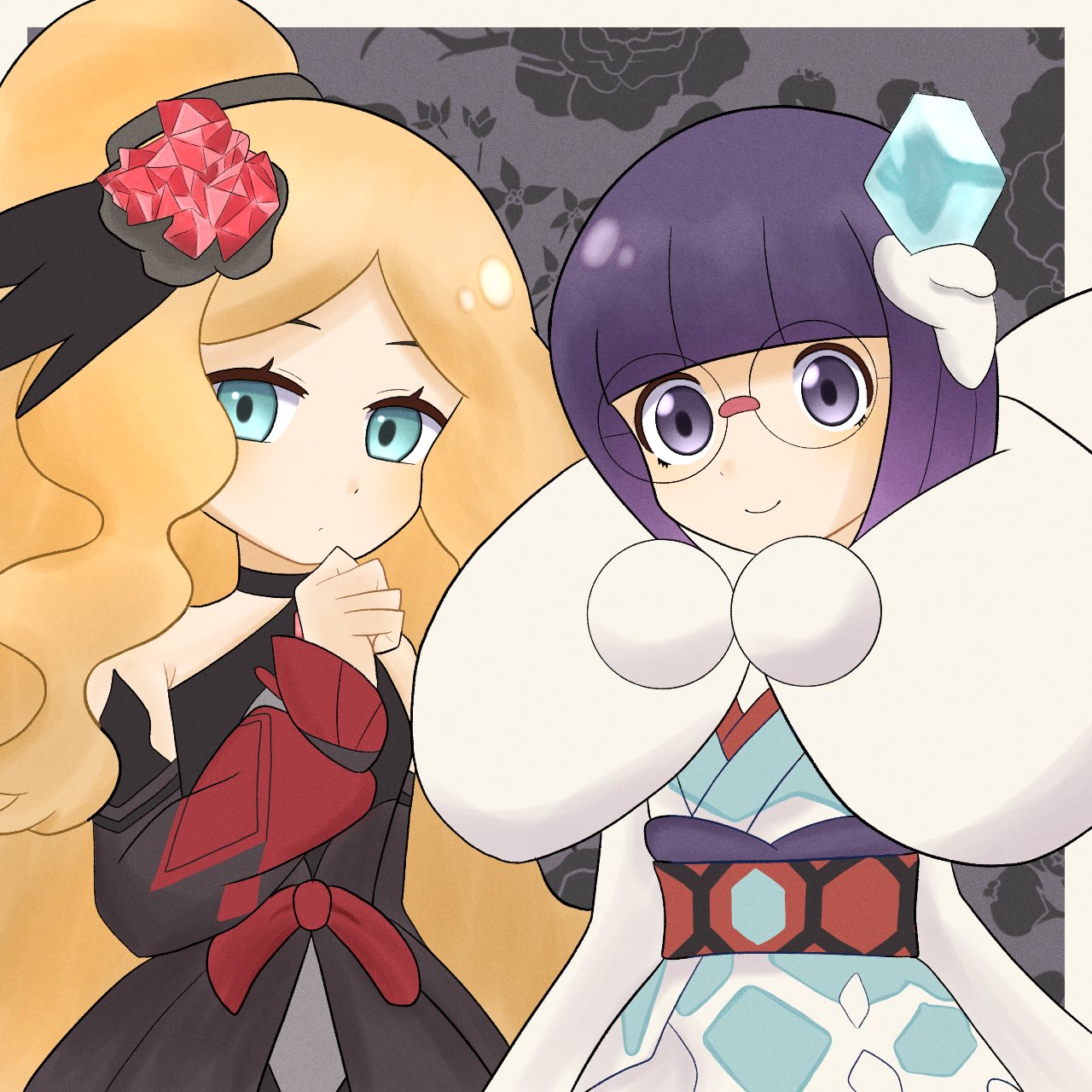 botamochi126, caitlin (fall 2021) (pokemon), caitlin (pokemon), shauntal (fall 2024) (pokemon), shauntal (pokemon), nintendo, pokemon, pokemon masters ex, highres, 2girls, black dress, blonde hair, blue eyes, blunt bangs, bob cut, border, detached sleeves, dress, gem hair ornament, glasses, hair ornament, high ponytail, japanese clothes, kimono, long hair, long sleeves, looking at viewer, multiple girls, official alternate costume, outside border, parted bangs, ponytail, purple eyes, purple hair, round eyewear, short hair, smile, upper body, very long hair, white border, white kimono
