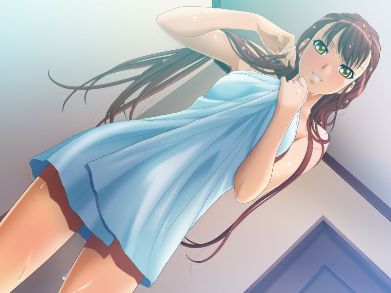 ino (magloid), niimi saya, alea, game cg, 1girl, adjusting hair, brown eyes, dutch angle, female focus, long hair, naked towel, red hair, smile, solo, towel, wet, yellow eyes