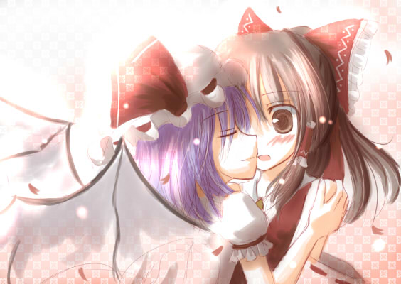 mashayuki, hakurei reimu, remilia scarlet, touhou, 2girls, bare shoulders, bat wings, blue hair, blush, bow, brown hair, closed eyes, detached sleeves, female focus, hair bow, hat, japanese clothes, kiss, miko, multiple girls, sketch, white hat, wings, yuri