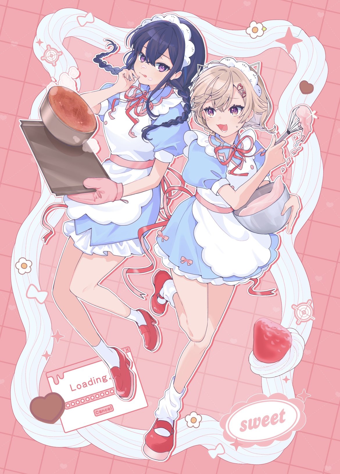 odo ruika, ichinose uruha, komori met, lupinus virtual games, vspo!, commentary request, highres, 2girls, :3, :q, alternate costume, alternate hairstyle, apron, bare legs, black hair, blue dress, bow, bowl, bowtie, braid, brown hair, cake, candy, chocolate, chocolate heart, closed mouth, collared dress, double-parted bangs, dress, facial mark, fang, floating, floating hair, food, food on face, fruit, full body, grid background, hair between eyes, hair ornament, hand up, heart, heart-shaped food, heart hair ornament, high heels, holding, holding bowl, holding tray, holding whisk, icing, leg up, long hair, looking at another, looking at viewer, looking to the side, low twin braids, lower teeth only, matching outfits, mixing bowl, multicolored hair, multiple girls, open mouth, oven mitts, petticoat, pink background, pink bow, puffy short sleeves, puffy sleeves, purple eyes, raised inner eyebrows, red bow, red bowtie, red ribbon, red shoes, ribbon, shoes, short dress, short hair, short sleeves, sideways glance, small sweatdrop, socks, standing, standing on one leg, strawberry, streaked hair, teeth, tongue, tongue out, tray, triangle, triangle facial mark, turning head, twin braids, virtual youtuber, whisk, white apron, white headdress, white socks, window (computing)