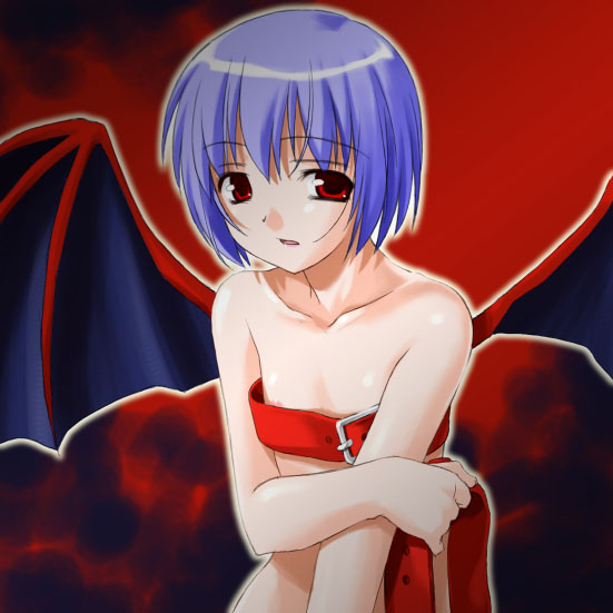 umekichi, lilith (darkstalkers), capcom, darkstalkers, 1girl, bare shoulders, bat wings, belt, belt bra, breasts, demon girl, female focus, leather, nipple slip, nipples, purple hair, red eyes, small breasts, solo, wings