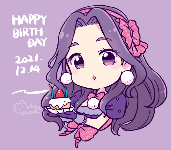 mizuki maya, shirakaba risa, aikatsu!, aikatsu! (series), commentary request, 1girl, birthday cake, bow, bowtie, cake, dated, deformed, diamond mouth, dress, earrings, food, gloves, happy birthday, holding, holding cake, holding food, jewelry, pink bow, pink bowtie, pom pom (clothes), pom pom earrings, puffy short sleeves, puffy sleeves, purple dress, purple eyes, purple gloves, purple hair, short sleeves, signature, solo