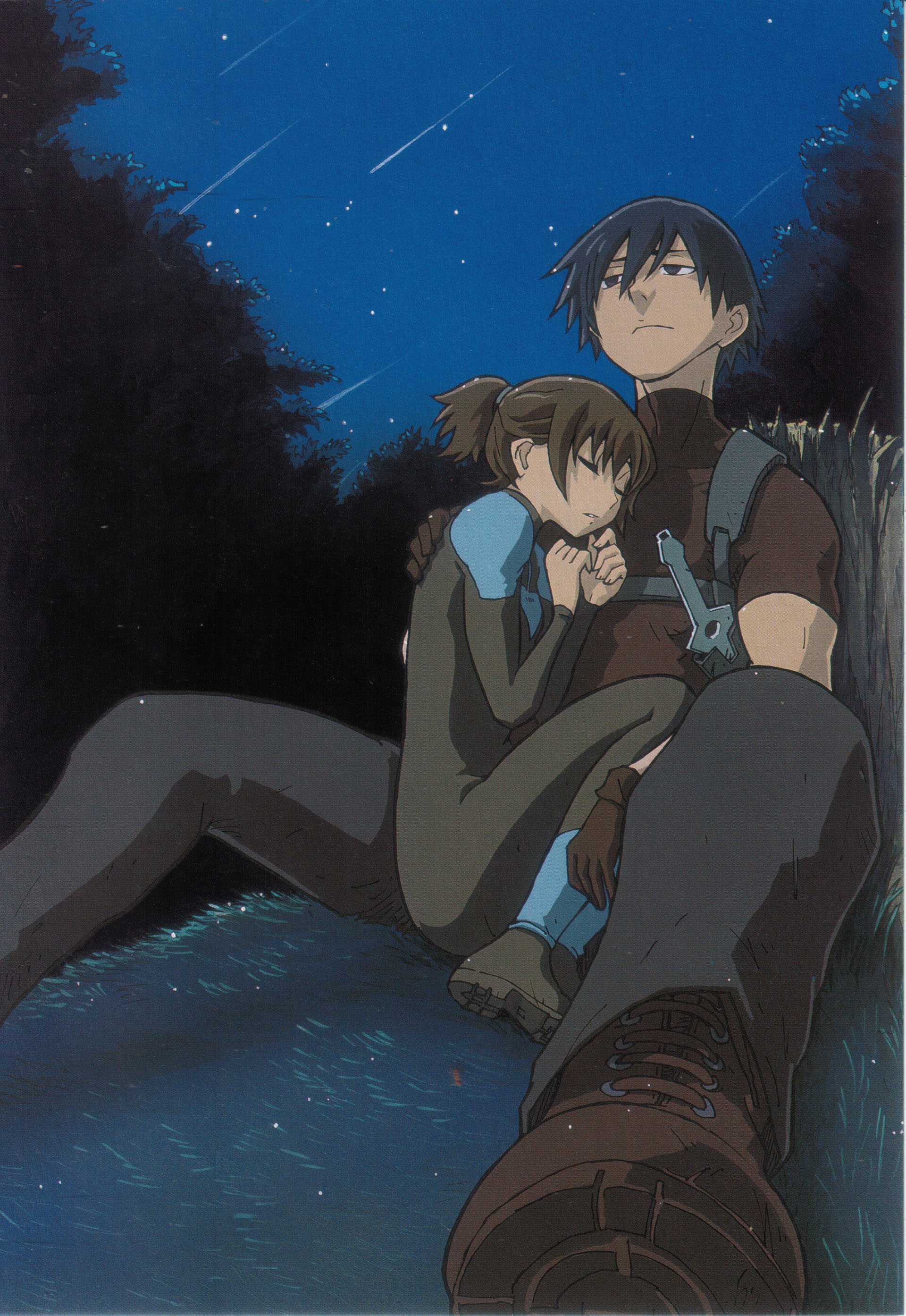 iwahara yuuji, yuji iwahara, hei (darker than black), darker than black, absurdres, highres, scan, 00s, 1boy, 1girl, backpack, bag, bai (darker than black), between legs, blunt bangs, bodysuit, brother and sister, brown hair, foreshortening, full body, hetero, hug, loafers, long sleeves, night, night sky, ponytail, shoes, short hair, siblings, sitting, sky, squatting