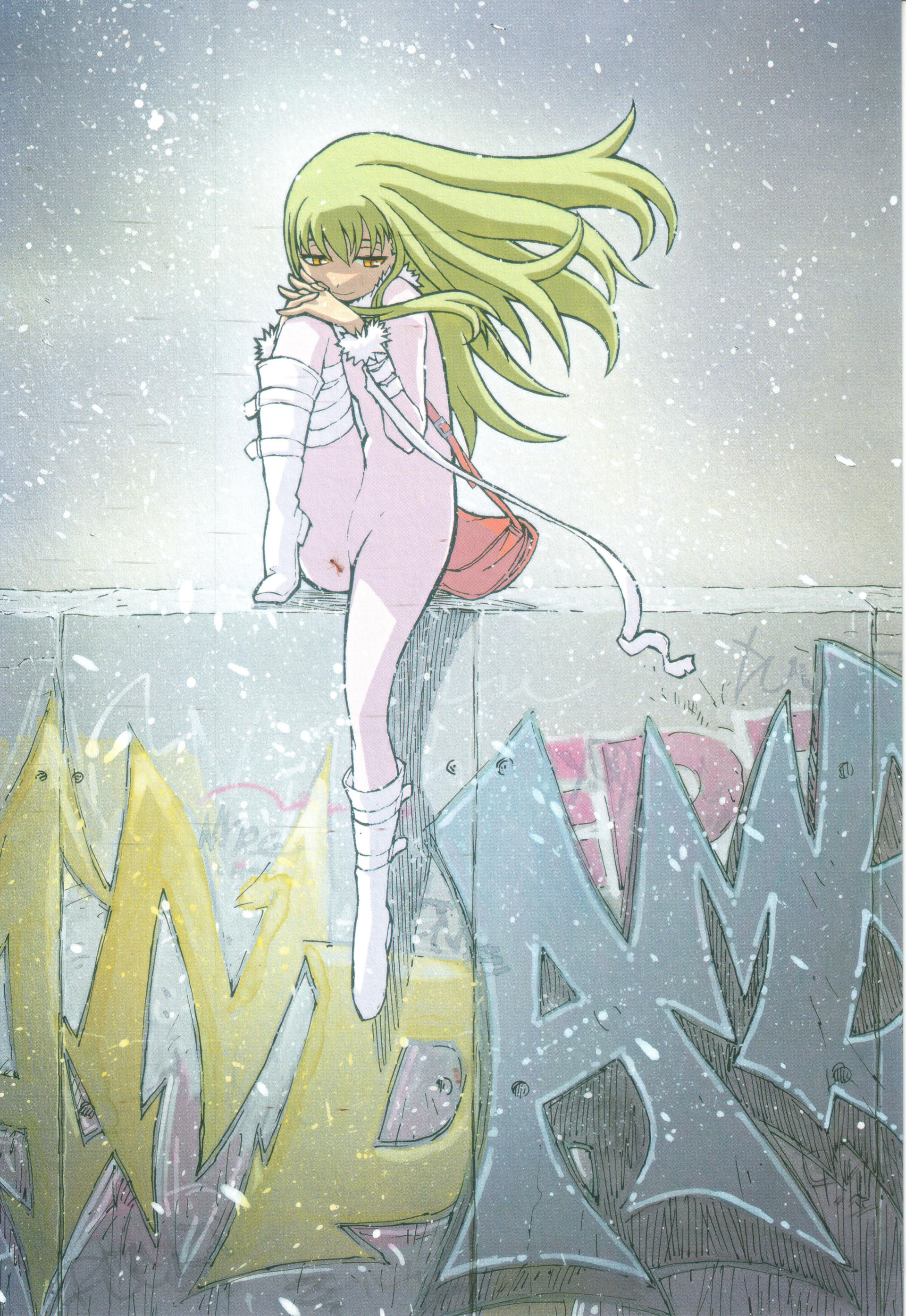 iwahara yuuji, amber (darker than black), darker than black, absurdres, highres, scan, scan artifacts, 00s, 1girl, ant, bodysuit, bug, female focus, green hair, insect, long hair, solo, yellow eyes