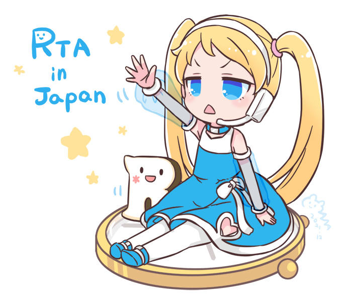 mizuki maya, rta-chan, rta in japan, commentary, 1girl, :<, :d, arm up, blonde hair, blue dress, blue eyes, blue sleeves, copyright name, detached sleeves, dress, full body, hairband, headset, jitome, long hair, open mouth, pantyhose, see-through clothes, see-through sleeves, sitting, sleeveless, sleeveless dress, smile, solo, star (symbol), triangle mouth, twintails, v-shaped eyebrows, very long hair, white hairband, white pantyhose