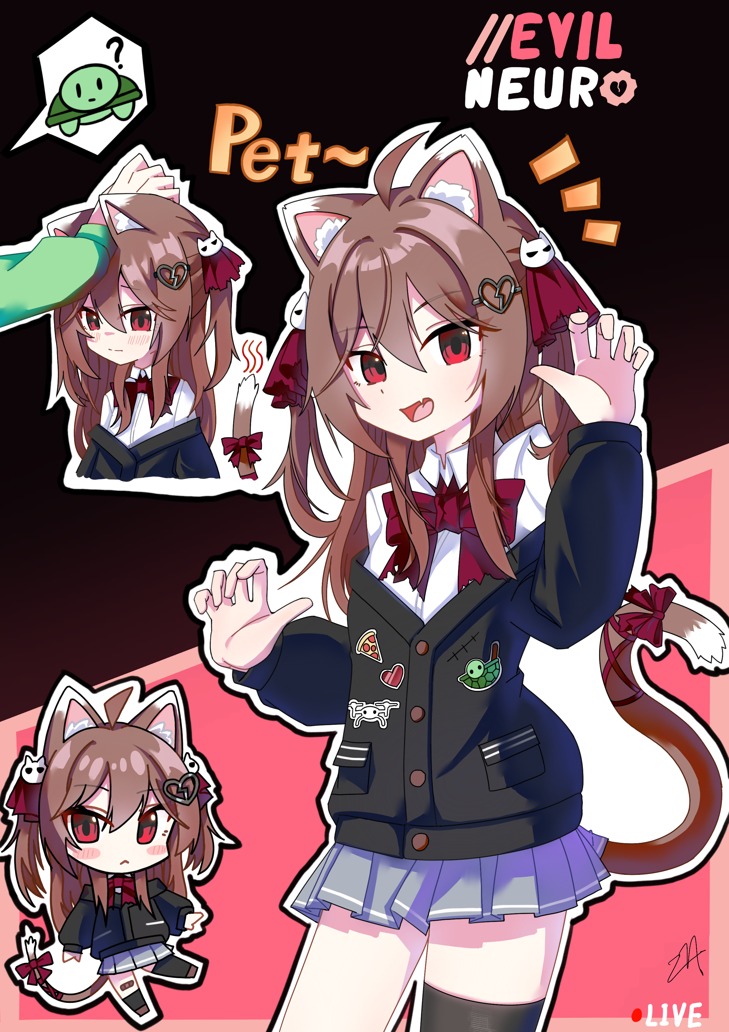 evil neuro-sama, neuro-sama, vedal987, absurdres, commentary, highres, 1boy, 1girl, ?, ahoge, animal ear fluff, animal ears, bandaid, bandaid on knee, bandaid on leg, black jacket, black outline, black thighhighs, blue skirt, blush, broken heart, broken heart hair ornament, brown hair, buttons, cat ears, cat girl, cat tail, character name, chibi, chibi inset, claw pose, closed mouth, english text, fang, hair ribbon, hand on another's head, headpat, heart, jacket, long hair, long sleeves, notice lines, open mouth, outline, petting, pocket, red eyes, red ribbon, ribbon, signature, skin fang, skirt, speech bubble, swarm drone (neuro-sama), tail, tail ornament, tail ribbon, thighhighs, turtle, two side up, user jrxe7344, vedal ai, virtual youtuber, white outline