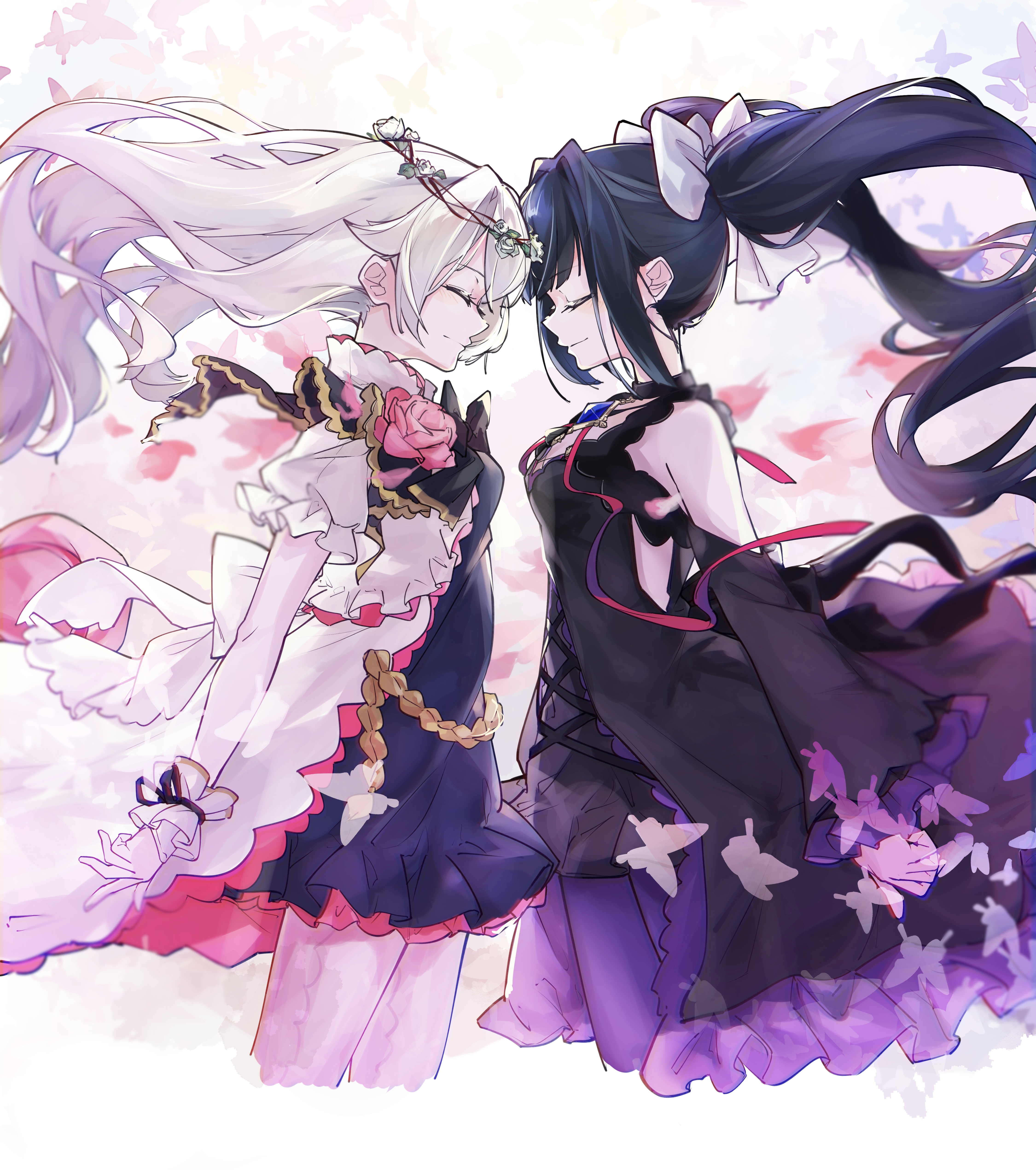 hikari (arcaea), hikari (reunion) (arcaea), tairitsu (arcaea), tairitsu (reunion) (arcaea), arcaea, absurdres, highres, 2girls, bare shoulders, black bow, black bowtie, black dress, black hair, black ribbon, blue eyes, blue flower, bow, bowtie, closed eyes, closed mouth, couple, cowboy shot, cross-laced clothes, cross-laced dress, detached sleeves, dress, flower, frilled dress, frilled sleeves, frilled wrist cuffs, frills, grey hair, hair bow, head wreath, layered dress, long hair, long sleeves, multiple girls, pantyhose, phos128, pink flower, pink rose, pink thighhighs, puffy short sleeves, puffy sleeves, purple pantyhose, red eyes, ribbon, rose, short sleeves, sleeveless, sleeveless dress, symmetry, thighhighs, very long hair, white bow, white dress, wrist cuffs, yuri