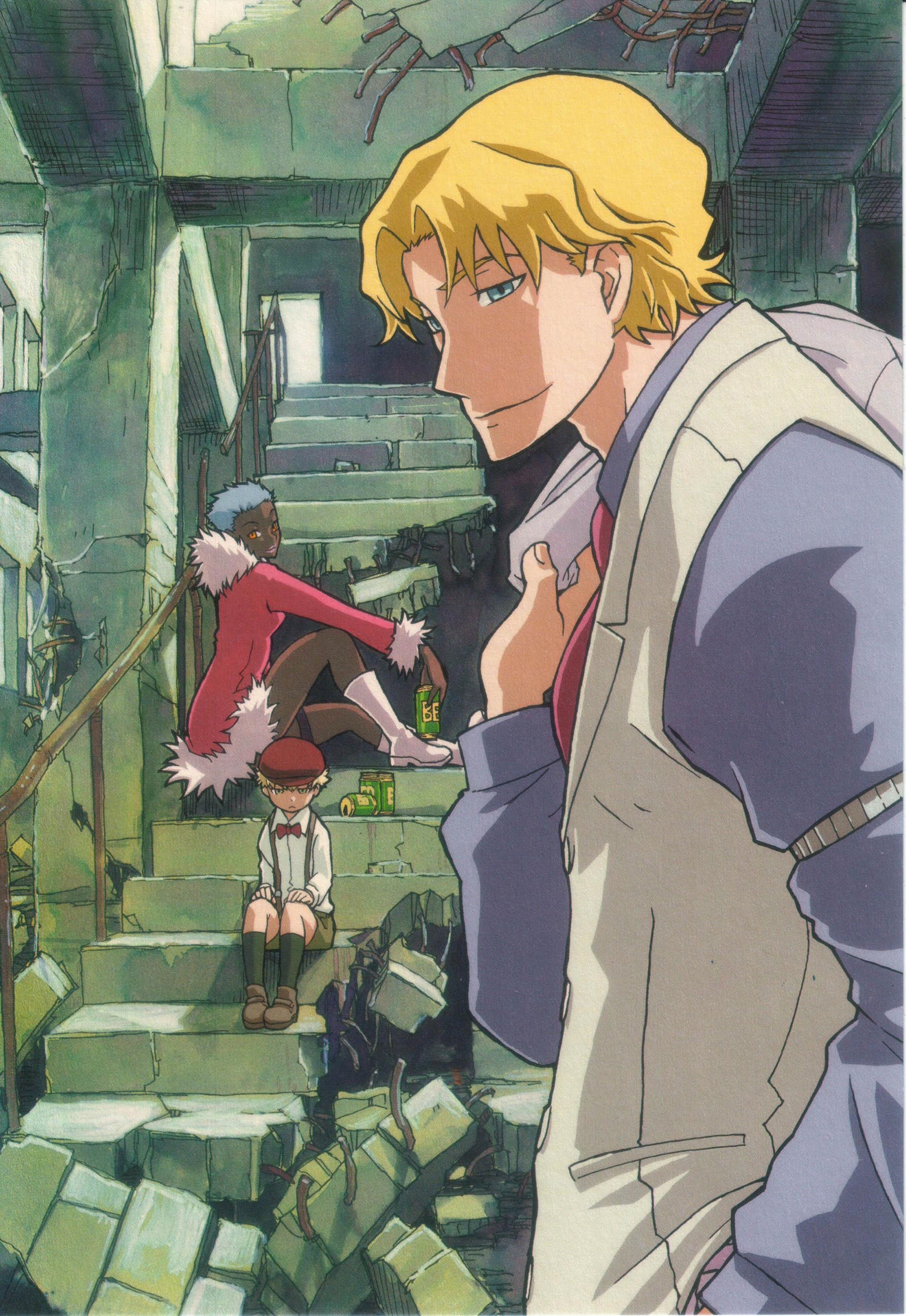 iwahara yuuji, yuji iwahara, april (darker than black), july (darker than black), november 11 (darker than black), darker than black, absurdres, highres, scan, 00s, 1girl, 2boys, blonde hair, blue eyes, comic, dark skin, mangaka, multiple boys, sitting, sitting on stairs, stairs