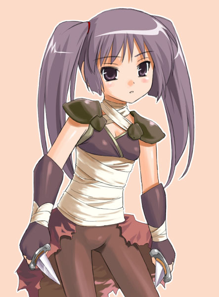 umekichi, assassin (ragnarok online), ragnarok online, 1girl, assassin, bandages, breasts, cleavage, dual wielding, female focus, gloves, holding, knife, pauldrons, purple eyes, purple hair, short twintails, small breasts, solo, twintails, weapon