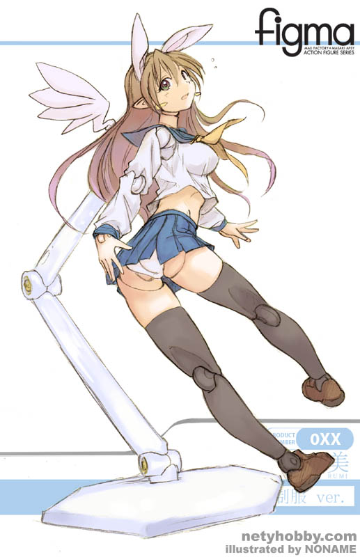 kurumi (qfbszhglfs), noname (nowhere), rumi (netyhobby), figma, original, 1girl, animal ears, black thighhighs, brown hair, doll, doll joints, extra ears, female focus, green eyes, joints, loafers, long hair, looking back, midriff, panties, pantyshot, pointy ears, rabbit ears, school uniform, serafuku, shoes, skirt, solo, thighhighs, underwear, upskirt, white panties, wings