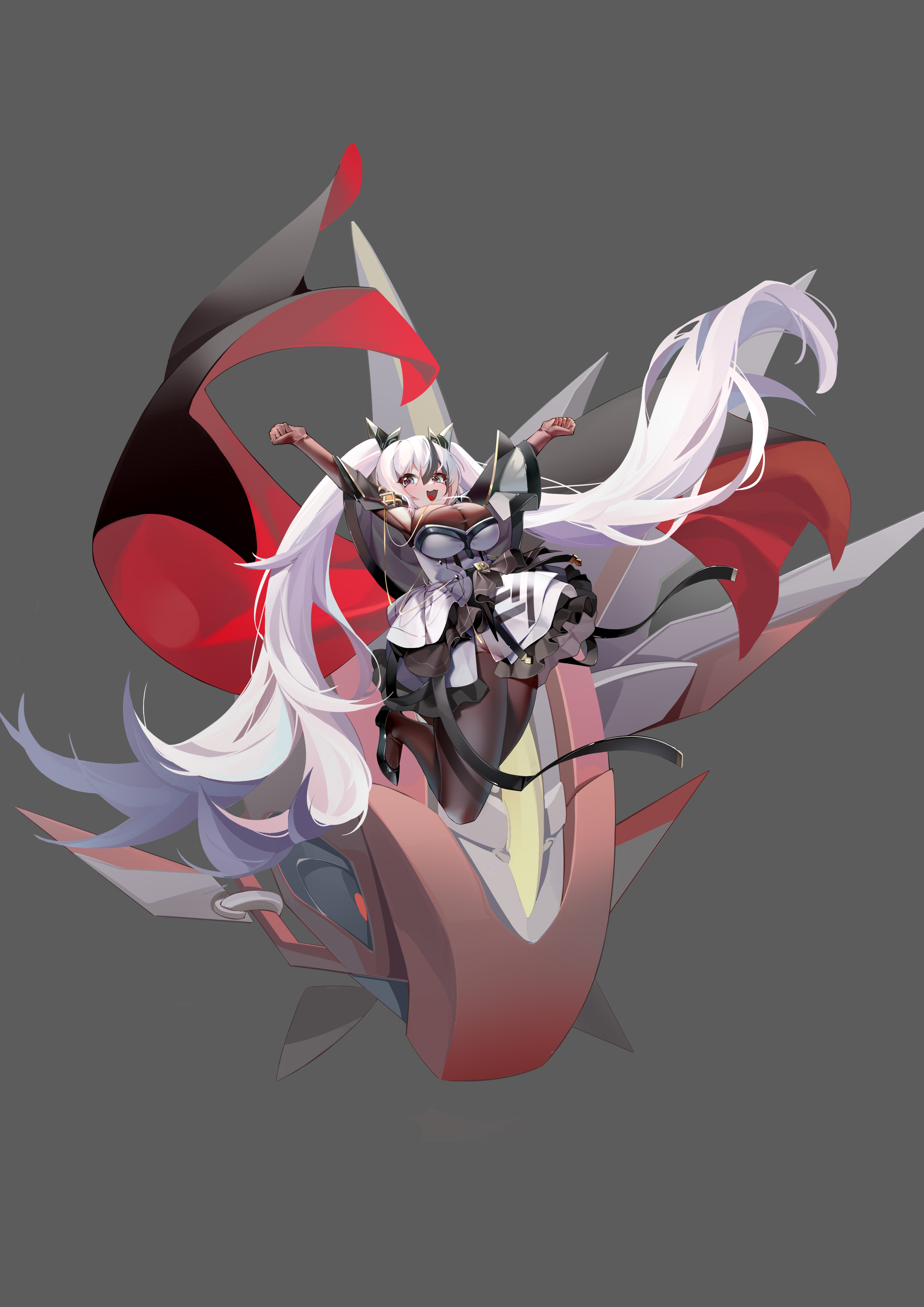 sp (8454), absurdres, highres, 1girl, :3, :d, black cape, black gloves, black pantyhose, blue eyes, cape, colored eyelashes, dress, gloves, grey background, jumping, long hair, looking at viewer, multicolored eyes, open mouth, panties, pantyhose, red cape, red eyes, simple background, smile, twintails, underwear, very long hair, white hair