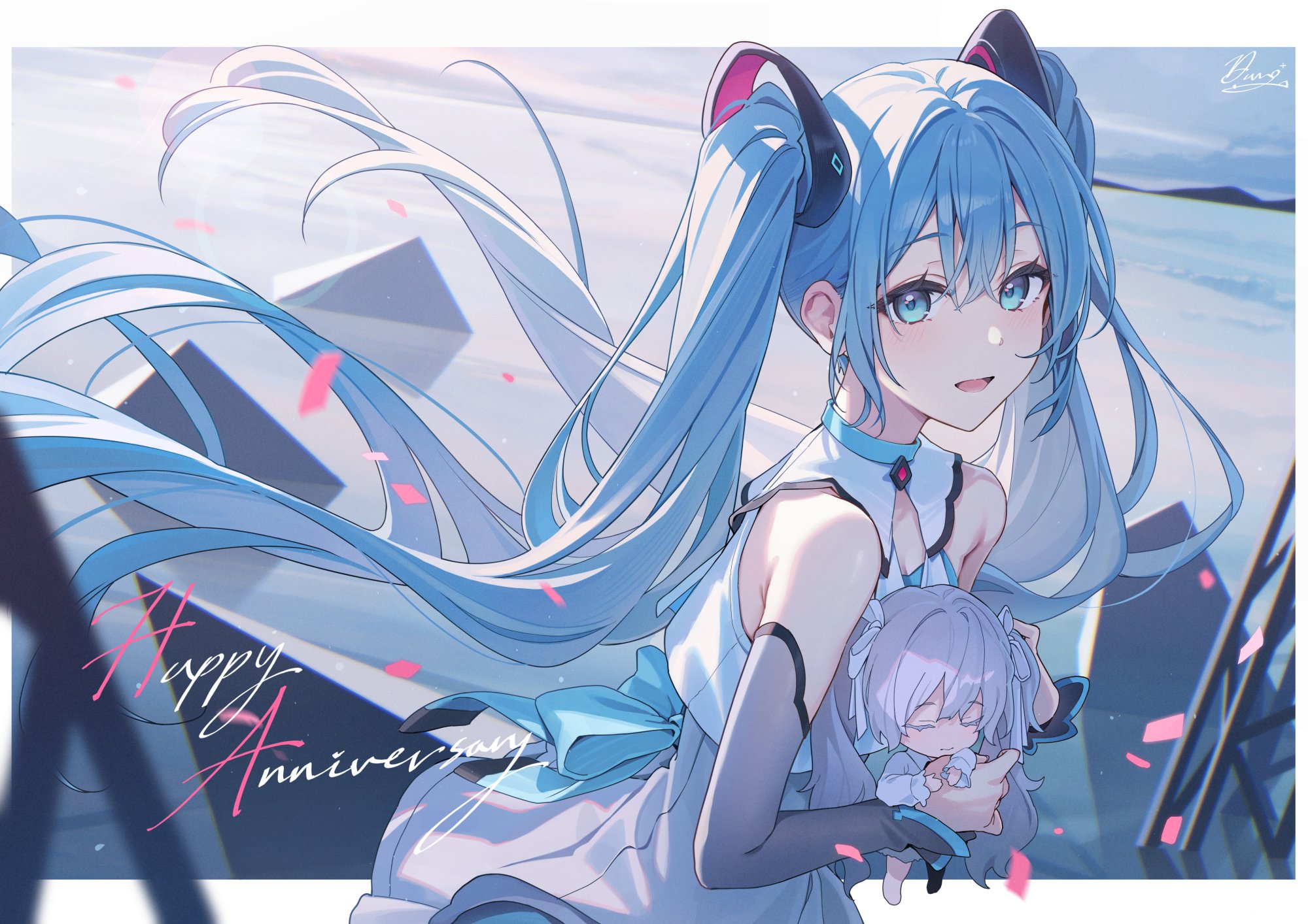 dangmyo, 25-ji miku, hatsune miku, project sekai, vocaloid, highres, 1girl, :d, bare shoulders, blue eyes, blue hair, character doll, detached sleeves, doll, dress, floating hair, hair between eyes, hair ornament, happy birthday, holding, holding doll, kimi to sekai no hajimari de (project sekai), long hair, looking at viewer, official alternate costume, open mouth, outdoors, signature, sleeveless, sleeveless dress, smile, solo, twintails, upper body, very long hair, white dress