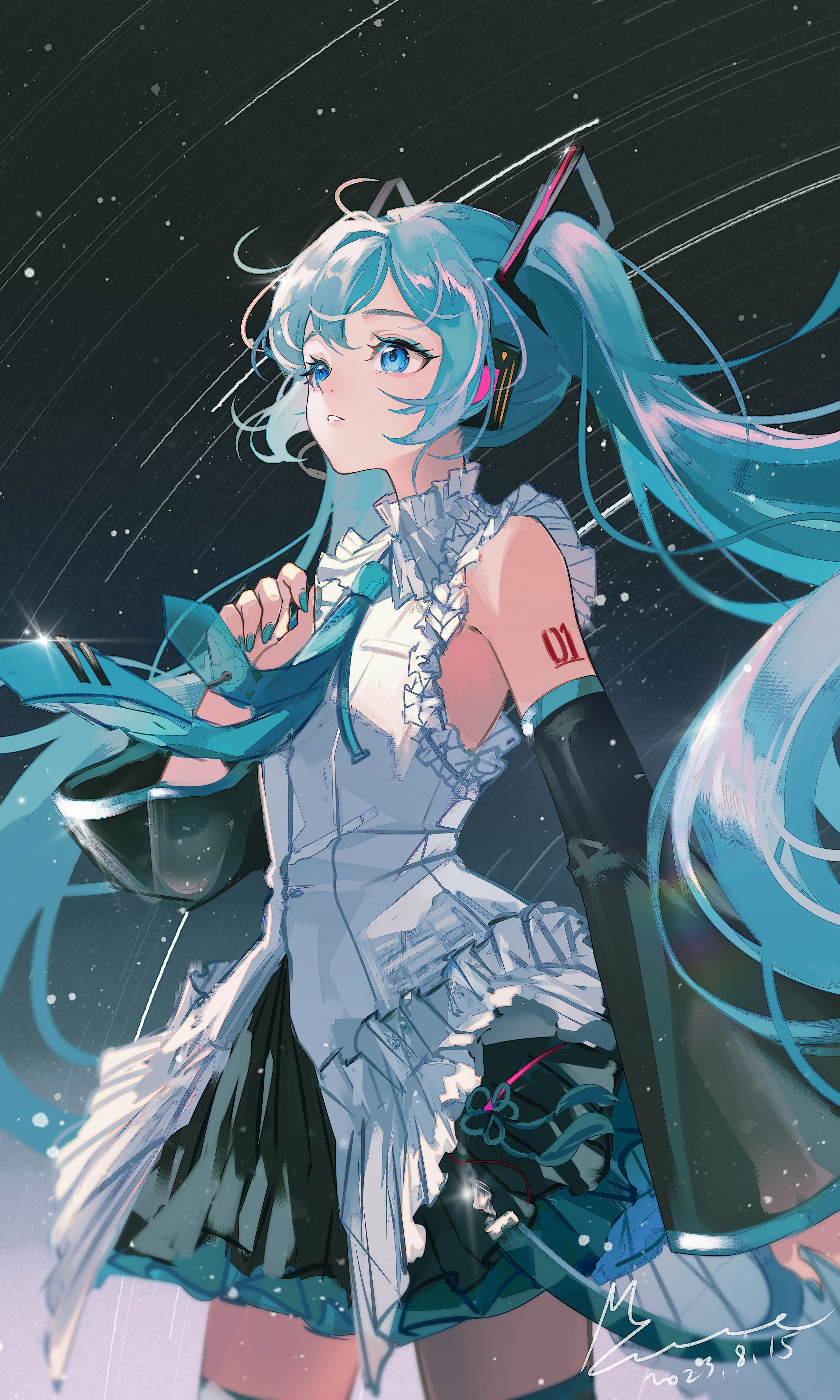 memory mie, hatsune miku, vocaloid, absurdres, chinese commentary, commentary request, highres, 1girl, bare shoulders, black skirt, black sleeves, black thighhighs, blue eyes, blue hair, blue nails, blue necktie, collared shirt, cowboy shot, dated, detached sleeves, hand up, hatsune miku happy 16th birthday -dear creators-, long hair, long sleeves, miniskirt, nail polish, necktie, number tattoo, parted lips, pleated skirt, shirt, shoulder tattoo, signature, skirt, sleeveless, sleeveless shirt, solo, tattoo, thighhighs, twintails