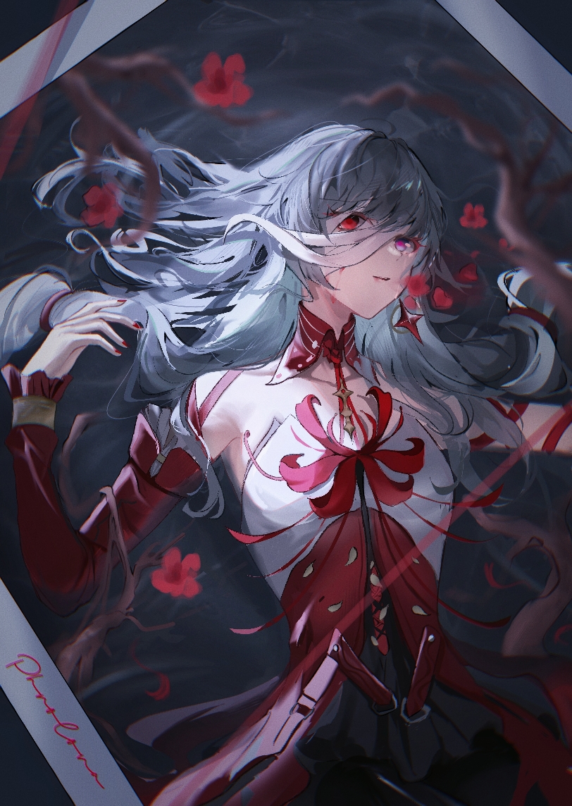 hehewhite, phrolova (wuthering waves), wuthering waves, commentary request, 1girl, bare shoulders, black skirt, breasts, closed mouth, detached sleeves, dress, grey hair, halter dress, halterneck, long hair, loose bandages, lying, medium breasts, on back, red dress, red eyes, single detached sleeve, skirt, solo