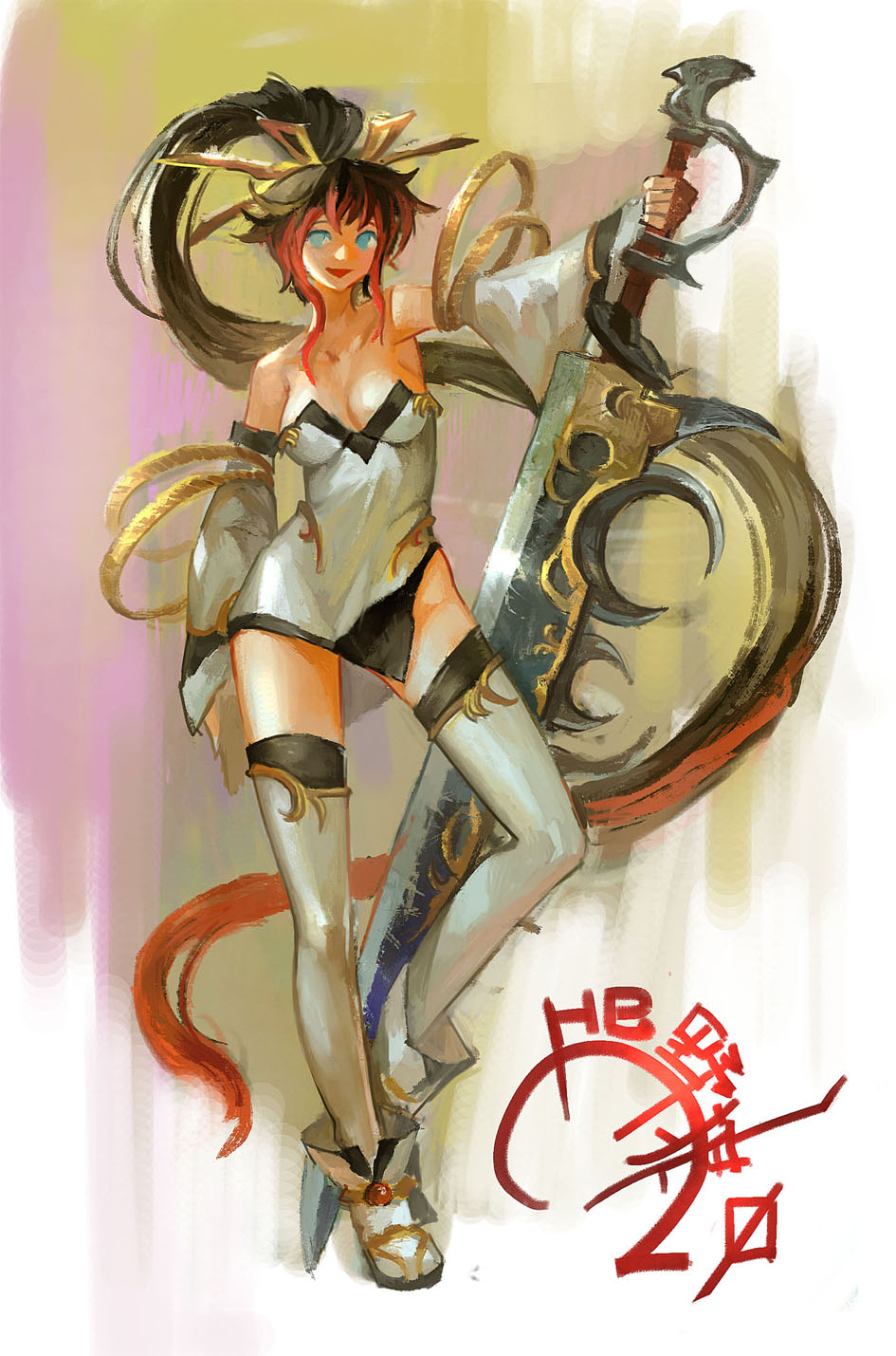 catsila, nanbu kaguya, super robot wars, super robot wars og saga mugen no frontier, super robot wars og saga mugen no frontier exceed, highres, 1girl, black hair, blue eyes, boots, breasts, cleavage, dress, holding, holding sword, holding weapon, large breasts, long hair, multicolored hair, ponytail, red hair, smile, solo, sword, thigh boots, two-tone hair, weapon, white dress