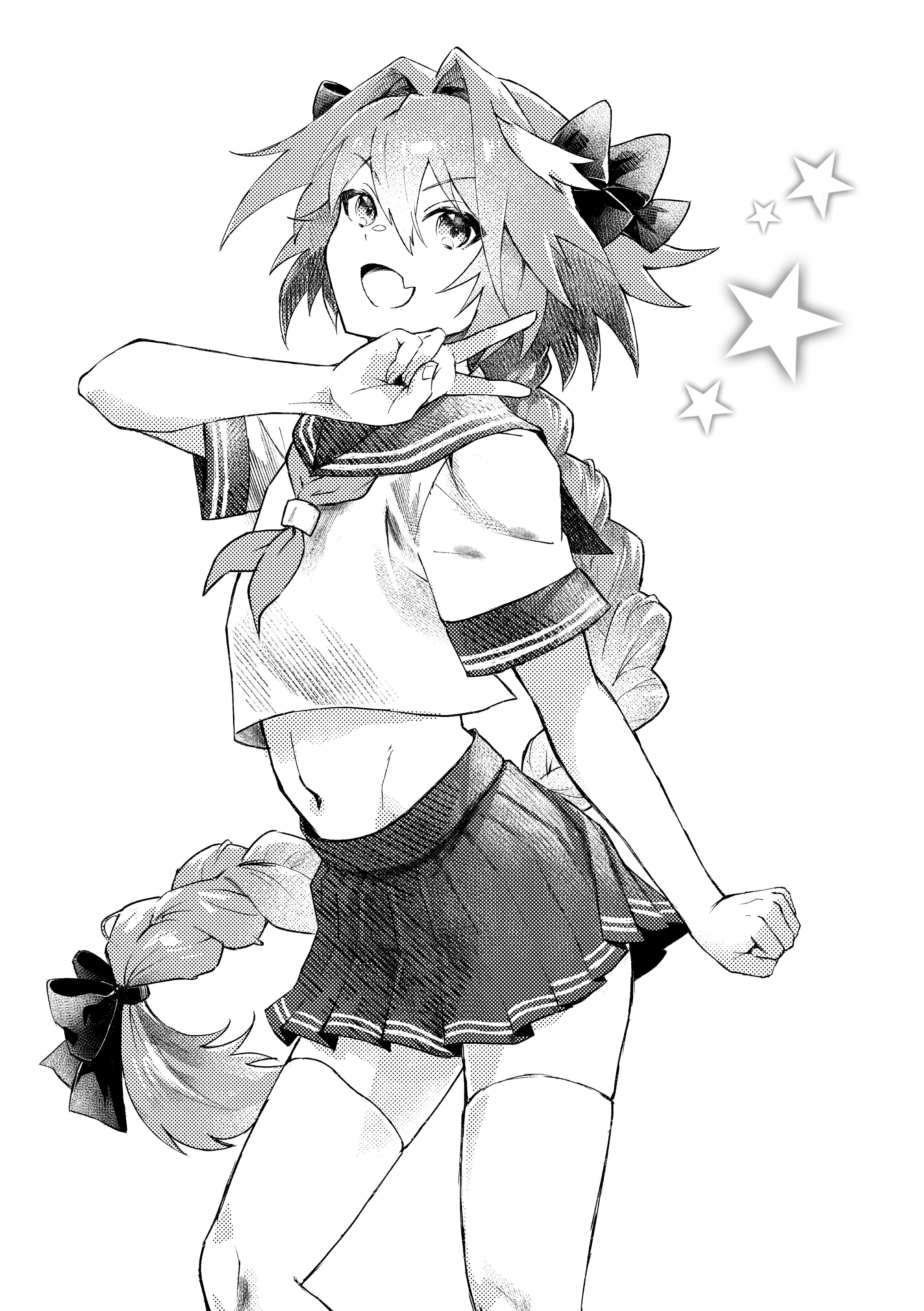 hidariude, fate/grand order, fate (series), absurdres, character request, commentary request, highres, 1boy, bow, braid, crop top, cropped shirt, double-parted bangs, fang, greyscale, hair between eyes, hair bow, hair intakes, hand up, long bangs, long hair, looking at viewer, male focus, midriff, miniskirt, monochrome, navel, neckerchief, open mouth, pleated skirt, sailor collar, school uniform, serafuku, shirt, short sleeves, simple background, single braid, skin fang, skirt, smile, solo, star (symbol), thighhighs, trap, v, v-shaped eyebrows, very long hair, white background, zettai ryouiki