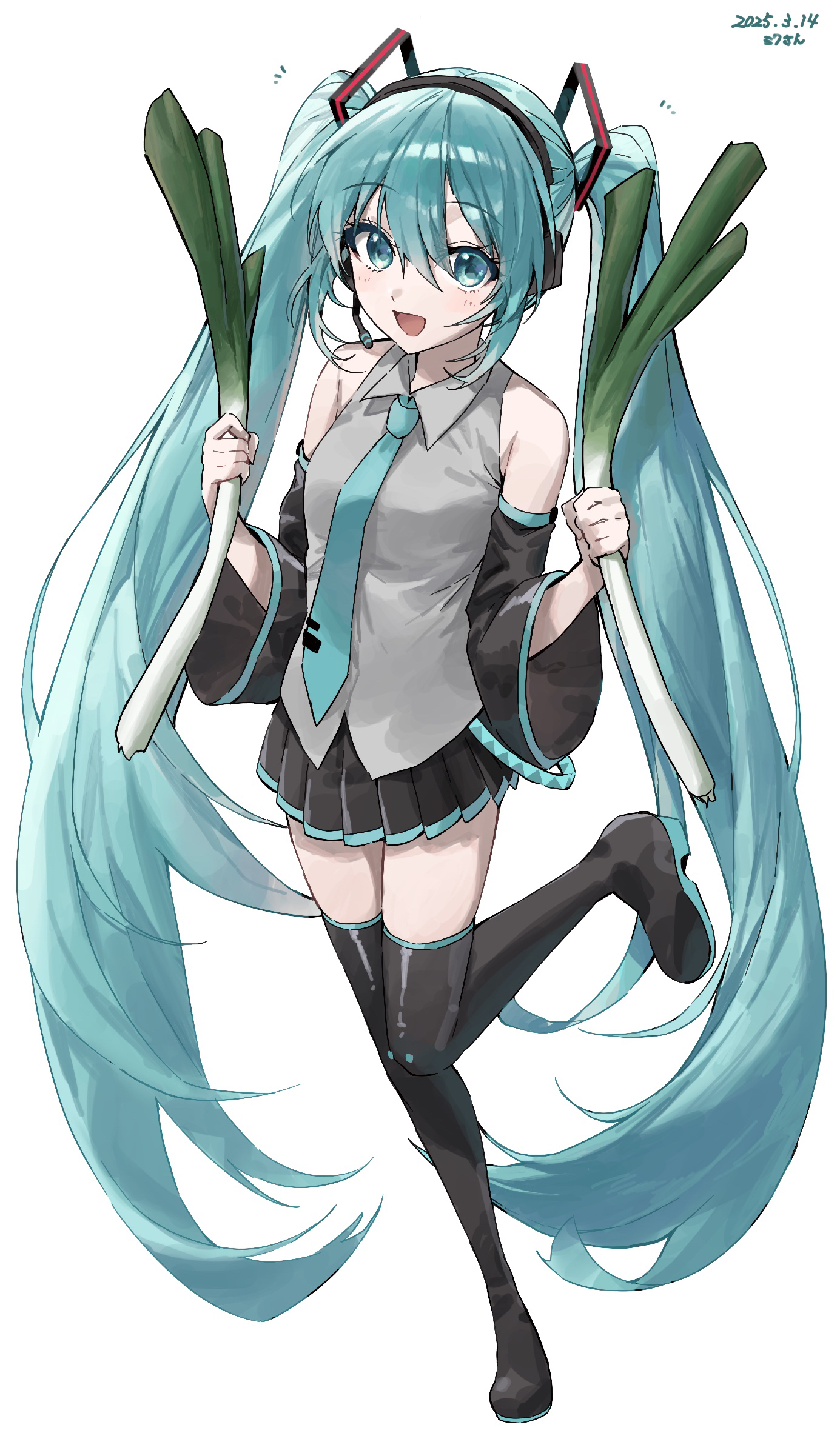 coppepan, hatsune miku, vocaloid, absurdres, commentary, highres, 1girl, :d, bare shoulders, black boots, black skirt, black sleeves, blue eyes, blue hair, blue necktie, blush, boots, collared shirt, dated, detached sleeves, food, full body, grey shirt, hair between eyes, holding, holding food, holding spring onion, holding vegetable, long hair, long sleeves, looking at viewer, miniskirt, necktie, open mouth, pleated skirt, shirt, simple background, skirt, sleeveless, sleeveless shirt, smile, solo, spring onion, standing, standing on one leg, thigh boots, tie clip, twintails, vegetable, white background