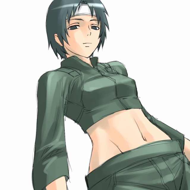 mosha, sai, naruto (series), naruto shippuuden, 1girl, androgynous, arms at sides, female focus, genderswap, genderswap (mtf), midriff, solo