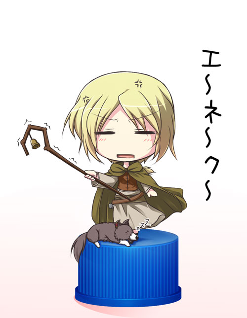 tekehiro, enekk, nora arento, spice and wolf, translated, 00s, bottle cap, chibi, pixiv bottlecap, shepherd, shepherd's crook, solo, staff