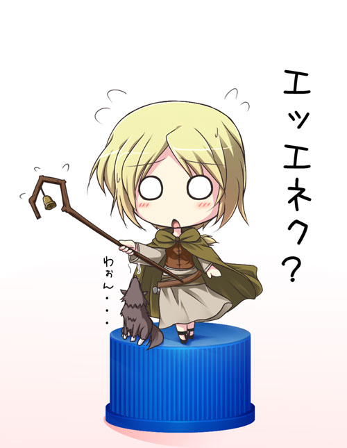 tekehiro, enekk, nora arento, spice and wolf, translated, 00s, bottle cap, chibi, pixiv bottlecap, shepherd, shepherd's crook, staff