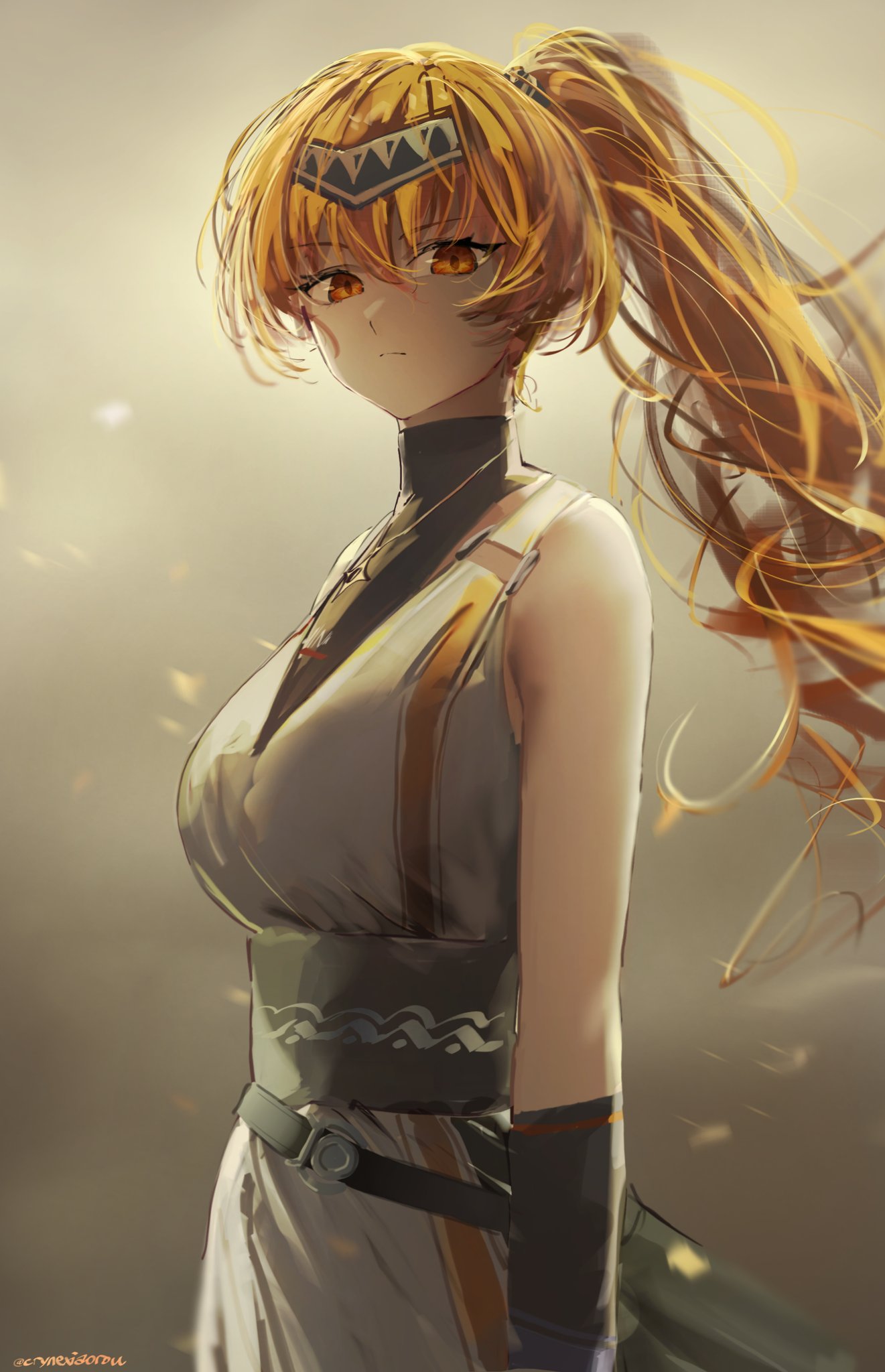 cryne, augusta (wuthering waves), wuthering waves, commentary, english commentary, highres, 1girl, ancient greek clothes, bare shoulders, black hairband, breasts, closed mouth, cowboy shot, dress, greco-roman clothes, hair between eyes, hairband, jewelry, long hair, looking at viewer, medium breasts, necklace, official alternate costume, orange eyes, orange hair, ponytail, sheath, sleeveless, sleeveless dress, solo, white dress