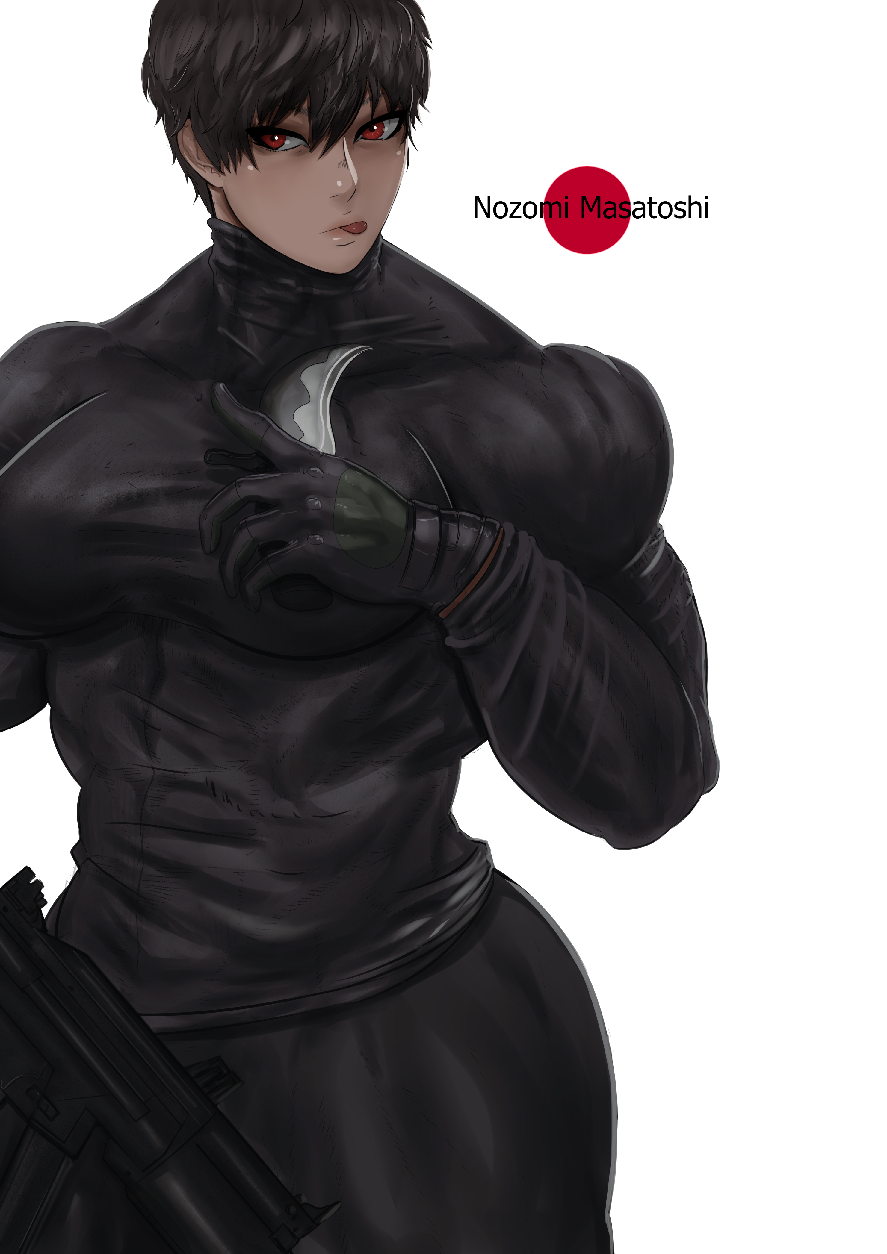 blue ogre, original, absurdres, highres, 1girl, :p, abs, black shirt, breasts, brown hair, combat knife, covered abs, dagger, deltoids, gun, holding, holding dagger, holding gun, holding knife, holding weapon, japan, japanese flag, knife, long sleeves, magazine (weapon), military, military combat uniform, military uniform, muscular, muscular female, red eyes, shirt, short hair, simple background, soldier, solo, submachine gun, tight clothes, tight shirt, tongue, tongue out, weapon, white background