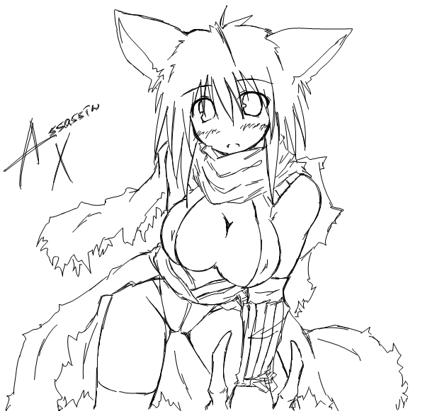 kaminagi (kaminagi-tei), assassin cross (ragnarok online), ragnarok online, 1girl, animal ears, breasts, cat ears, female focus, greyscale, large breasts, monochrome, solo, thighhighs