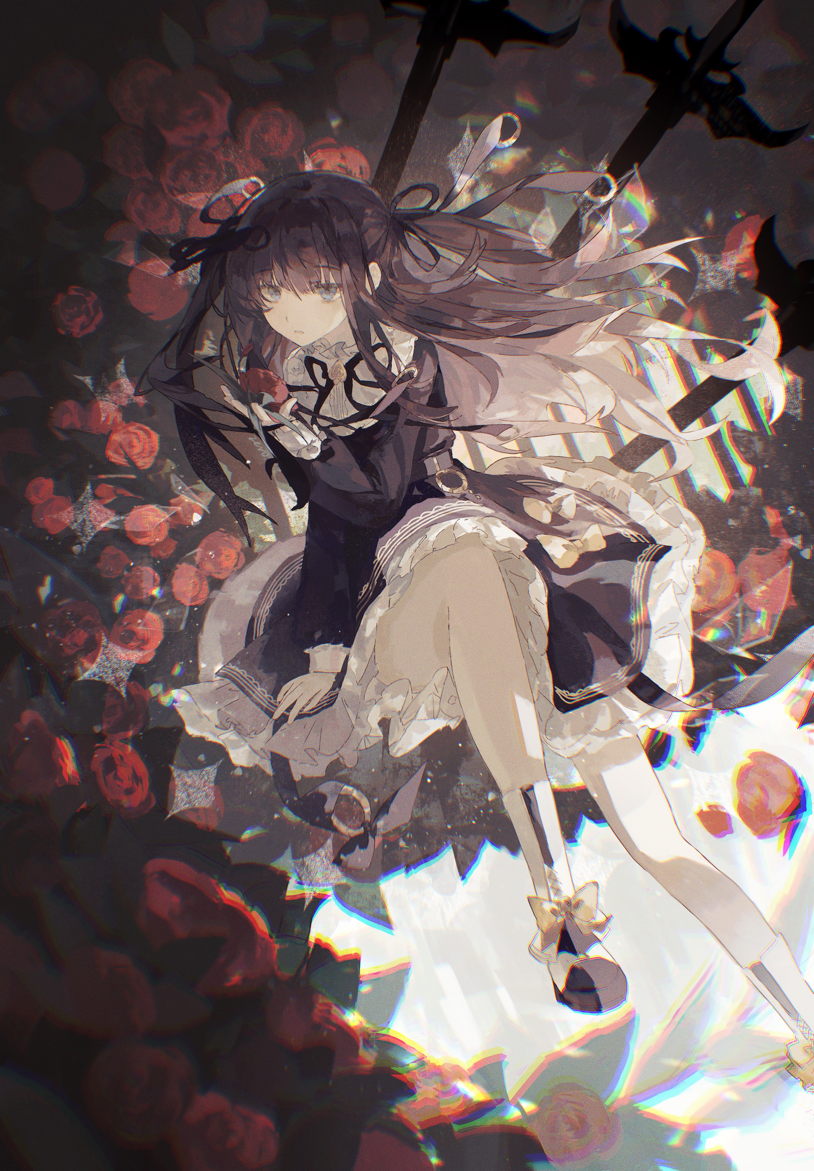 tairitsu (arcaea), tairitsu (axium) (arcaea), arcaea, absurdres, highres, 1girl, :o, black dress, black hair, black ribbon, black shoes, blue eyes, bow, bowtie, dress, flower, frilled dress, frilled shirt collar, frills, full body, hair intakes, hair ribbon, lacrymira 0, long hair, long sidelocks, long sleeves, looking at viewer, multicolored shoes, pink flower, pink rose, print dress, ribbon, rose, shoes, sidelocks, solo, spade (shape), thighhighs, two-tone shoes, white shoes, yellow bow, yellow bowtie, zettai ryouiki