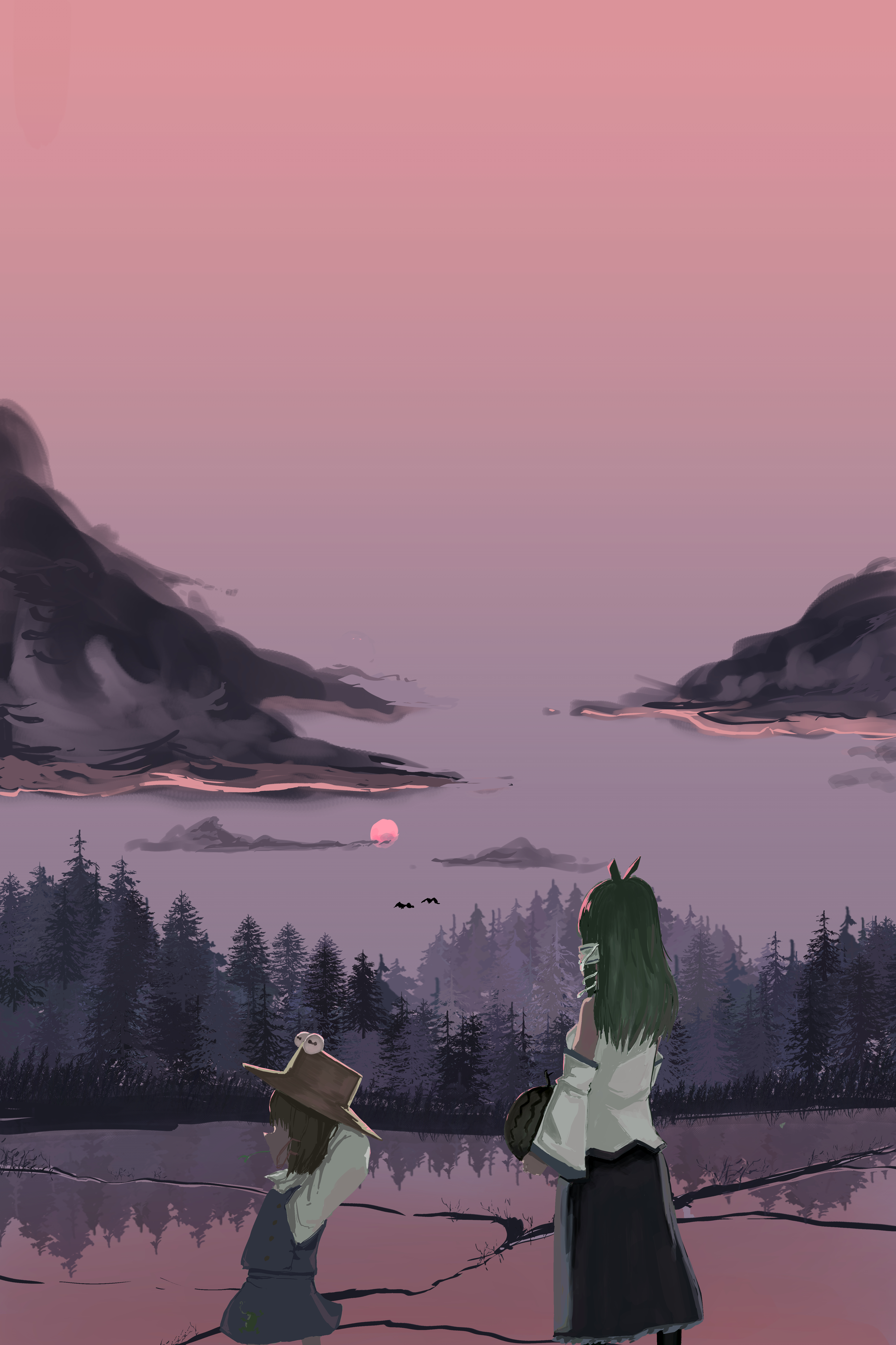 wwo3302, kochiya sanae, moriya suwako, touhou, absurdres, commentary, highres, 2girls, animal print, blonde hair, blue skirt, brown hat, cloud, detached sleeves, dusk, food, frog print, fruit, full moon, gradient sky, grass, green hair, hair ornament, hat, holding, holding food, holding fruit, holding watermelon, long hair, long sleeves, moon, multiple girls, nature, outdoors, purple skirt, purple sky, purple vest, reflective surface, scenery, shirt, short hair, simple bird, skirt, skirt set, sky, snake hair ornament, tree, vest, watermelon, white shirt