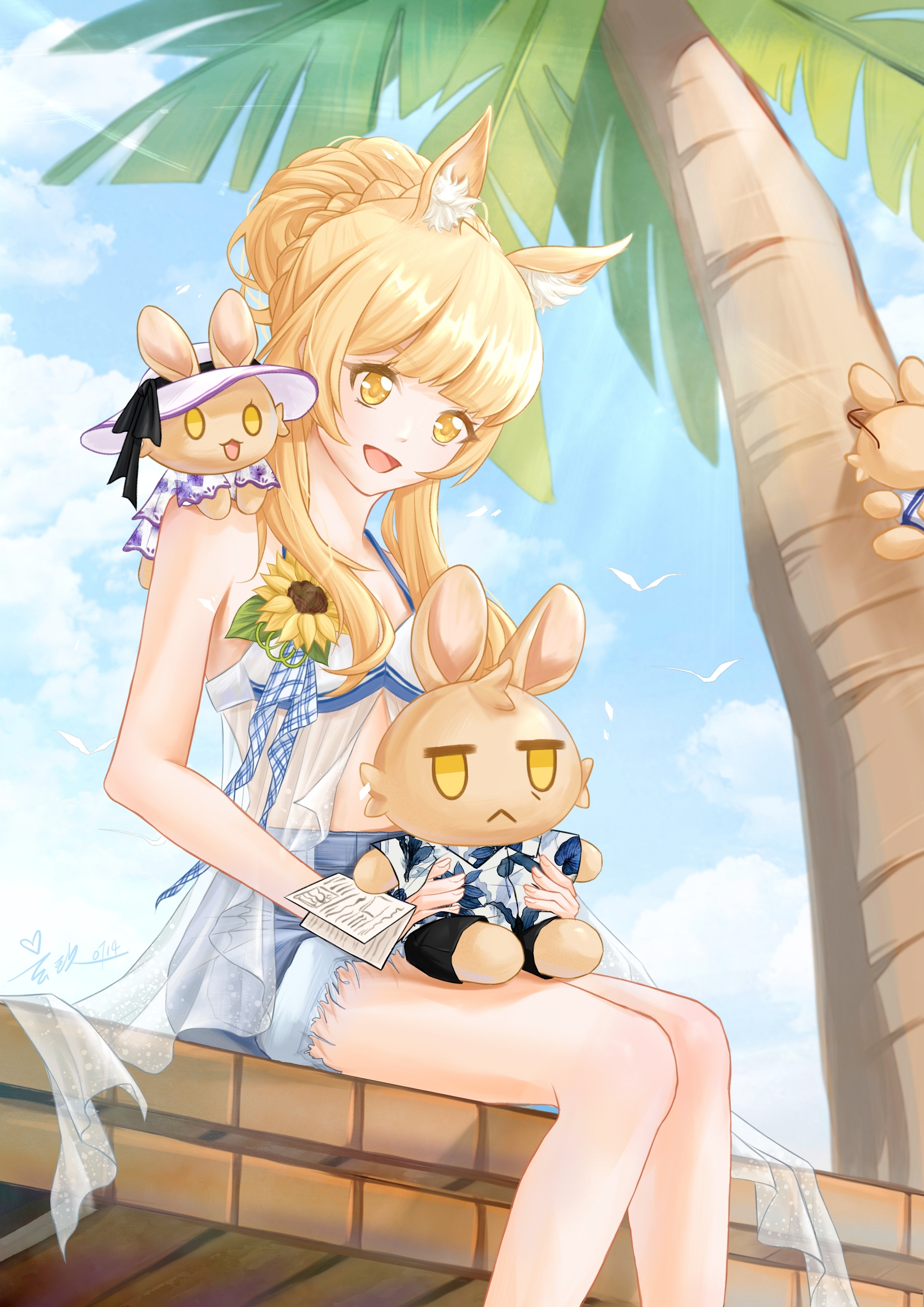 blemishine (arknights), arknights, absurdres, chinese commentary, commentary request, highres, 1girl, :d, animal ear fluff, animal ears, bikini, blonde hair, blue shorts, day, denim, denim shorts, ershi duo sui haipa renlei, feet out of frame, flower, holding, holding stuffed toy, long hair, open mouth, outdoors, palm tree, plant, see-through clothes, short shorts, shorts, simple bird, sitting, smile, solo, stuffed animal, stuffed toy, sunflower, swimsuit, swimsuit cover-up, tree, white bikini, yellow eyes, yellow flower