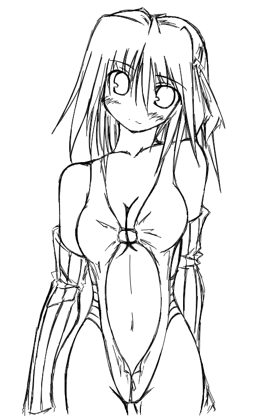kaminagi (kaminagi-tei), assassin cross (ragnarok online), ragnarok online, 1girl, bare shoulders, blush, breasts, center opening, cleavage, collarbone, detached sleeves, female focus, greyscale, large breasts, long sleeves, looking at viewer, monochrome, navel, one-piece swimsuit, short hair, solo, standing, stomach, swimsuit