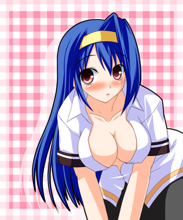 tsukimi pasta, tsuzura saki, aq interactive, arcana heart, atlus, examu, blouse, blue hair, blush, breasts, cleavage, collared shirt, large breasts, open clothes, open shirt, pantyhose, shirt, solo, white shirt