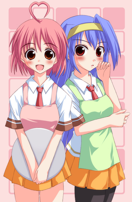 tsukimi pasta, aino heart, tsuzura saki, aq interactive, arcana heart, atlus, examu, 2girls, ahoge, apron, blush, heart, heart ahoge, misono gakuen school uniform, multiple girls, necktie, orange skirt, pantyhose, school uniform, skirt