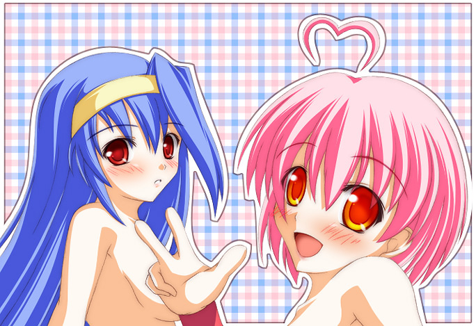 tsukimi pasta, aino heart, tsuzura saki, aq interactive, arcana heart, atlus, examu, 2girls, ahoge, blue hair, blush, breasts, hairband, heart, heart ahoge, multiple girls, nude, pink hair, sideboob, small breasts