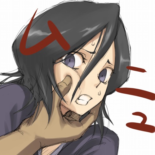 mosha, kuchiki rukia, bleach, lowres, 00s, 1girl, black hair, clenched teeth, female focus, head grab, purple eyes, scared, sketch, solo, sweat, teeth, you gonna get raped