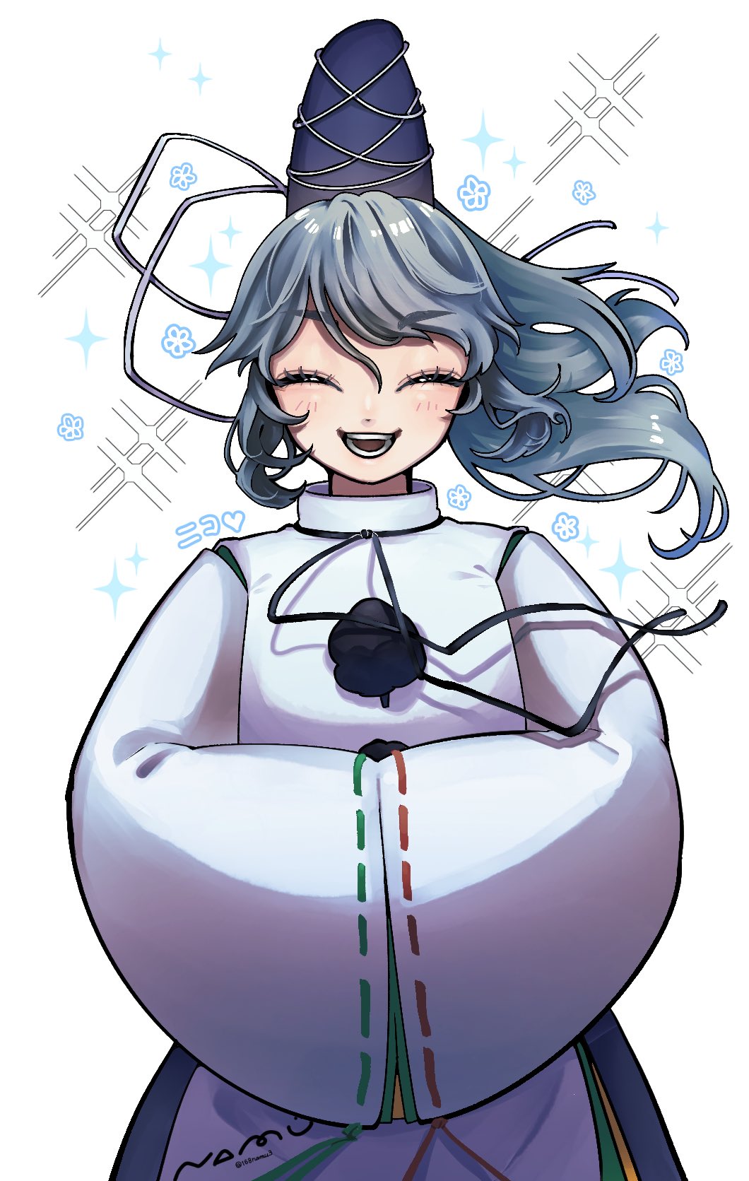 mononobe no futo, touhou, highres, 168namu3, 1girl, blush, closed mouth, grey eyes, grey hair, hair between eyes, hat, long hair, long sleeves, open mouth, own hands together, pom pom (clothes), ponytail, shirt, skirt, smile, solo, tate eboshi, teeth, upper body, white background, white shirt