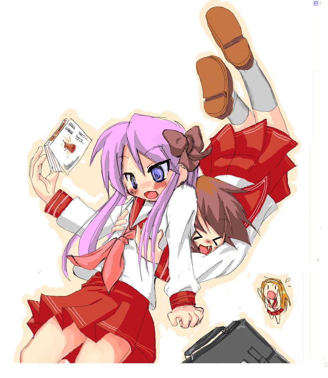 azumaya (ricky), hiiragi kagami, kusakabe misao, lucky star, highres, 00s, 2girls, blush, grabbing another's breast, groping, implied yuri, multiple girls, school uniform, serafuku, yuri