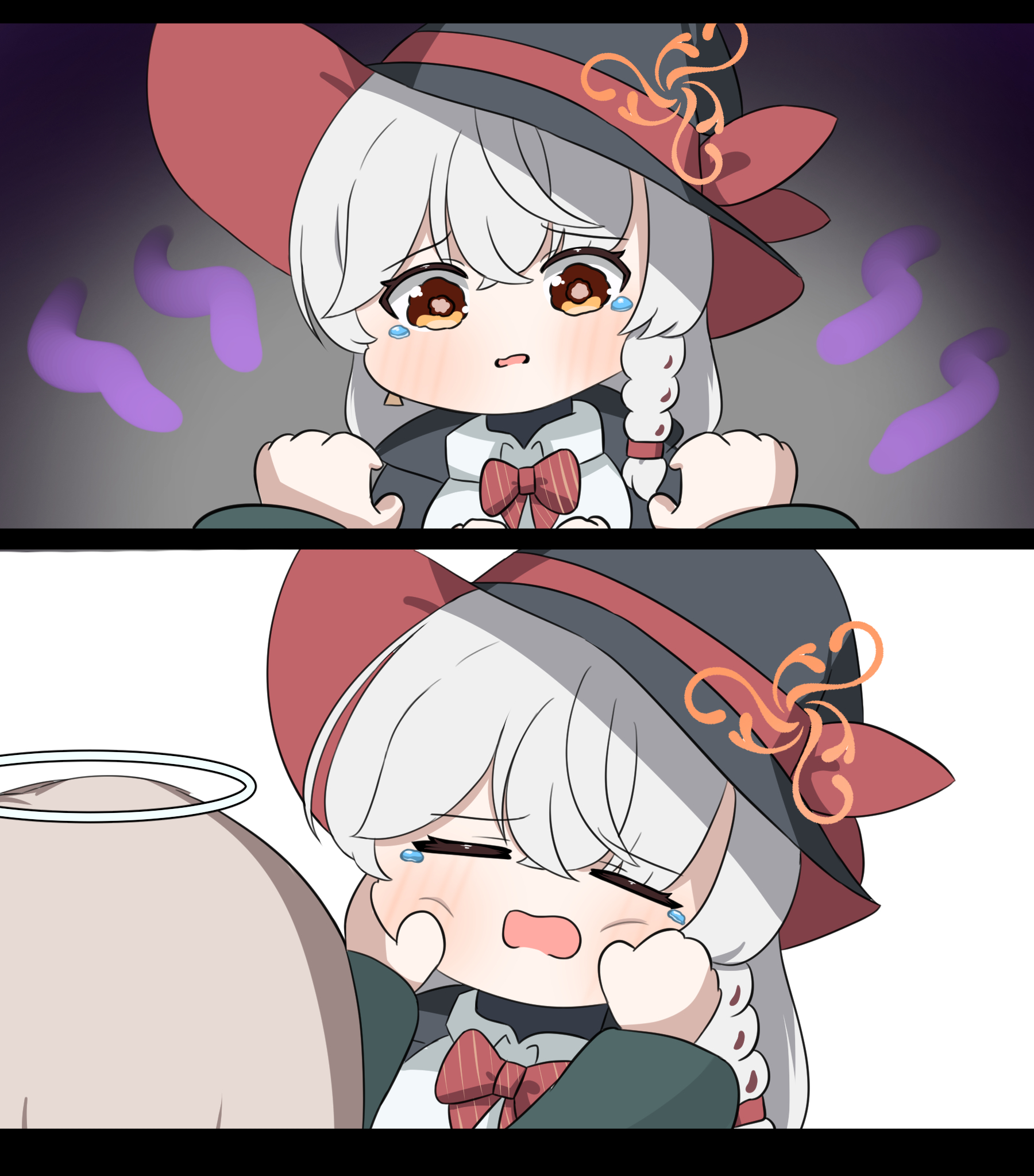 sabnak66, eri (blue archive), blue archive, 2girls, blush sticker, bow, bowtie, braid, chibi, comic, earrings, halo, hat, jewelry, long coat, multiple girls, orage eyes, pinching cheek, shirt, shoulder grab, sweater, tearing up, white hair, witch hat