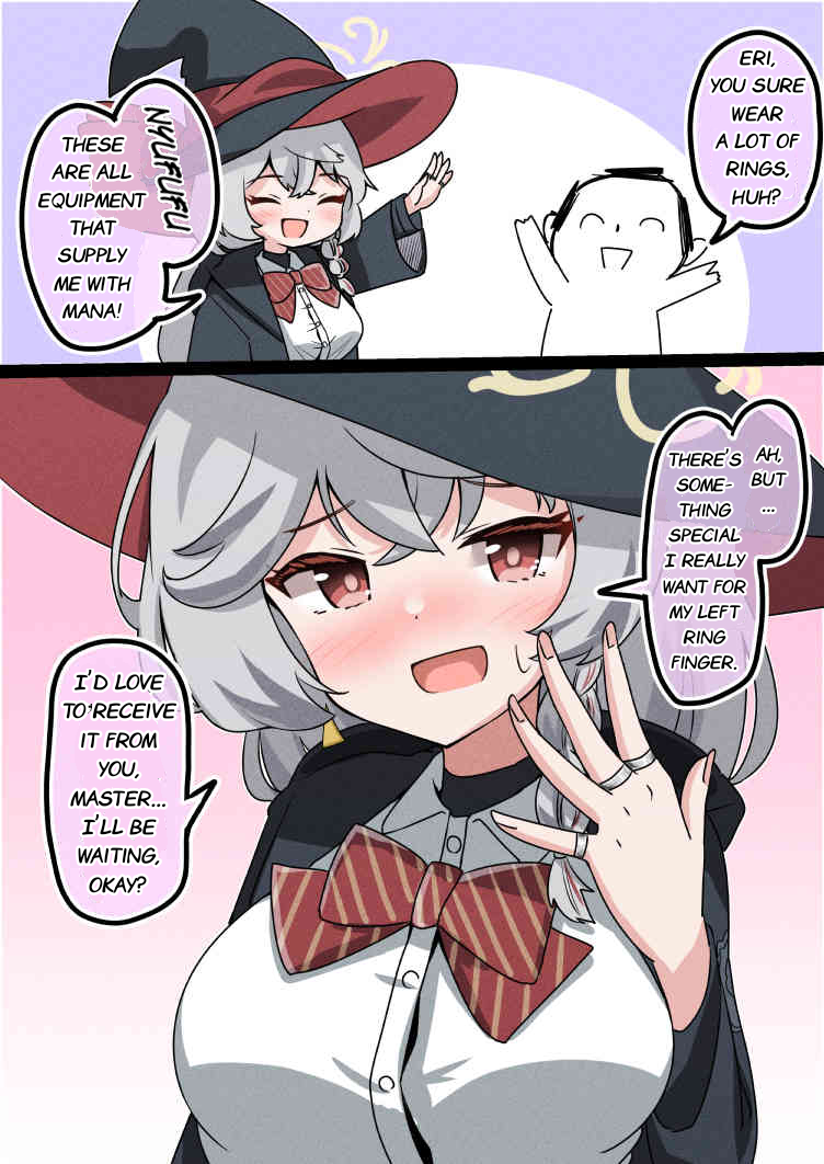 midunamisakura, doodle sensei (blue archive), eri (blue archive), sensei (blue archive), blue archive, 1boy, 1girl, blush, bow, bowtie, braid, comic, earrings, english translation, halo, hat, jacket, jewelry, long coat, long hair, open mouth, orange eyes, ring, shirt, skirt, sweater, upper body, white hair, witch hat